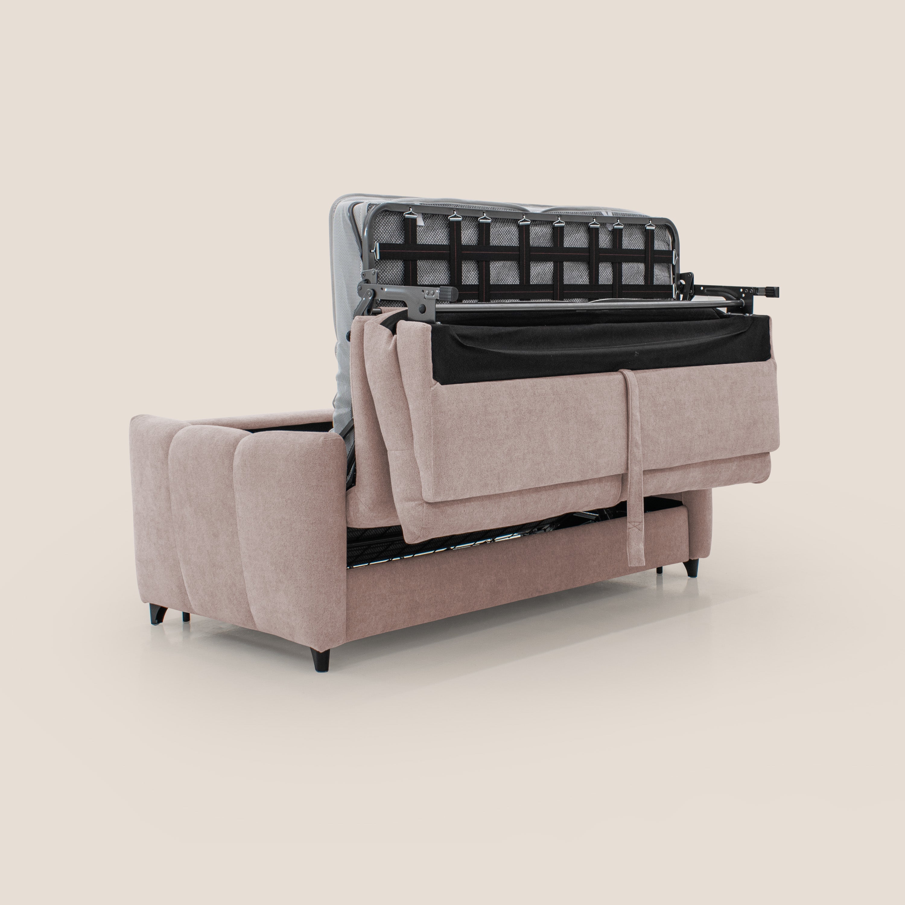 Peonia divano letto scandinavo con materasso H18 cm e morbido e alto schienale in tessuto Bouclé impermeabile T07 rosa - divani.store