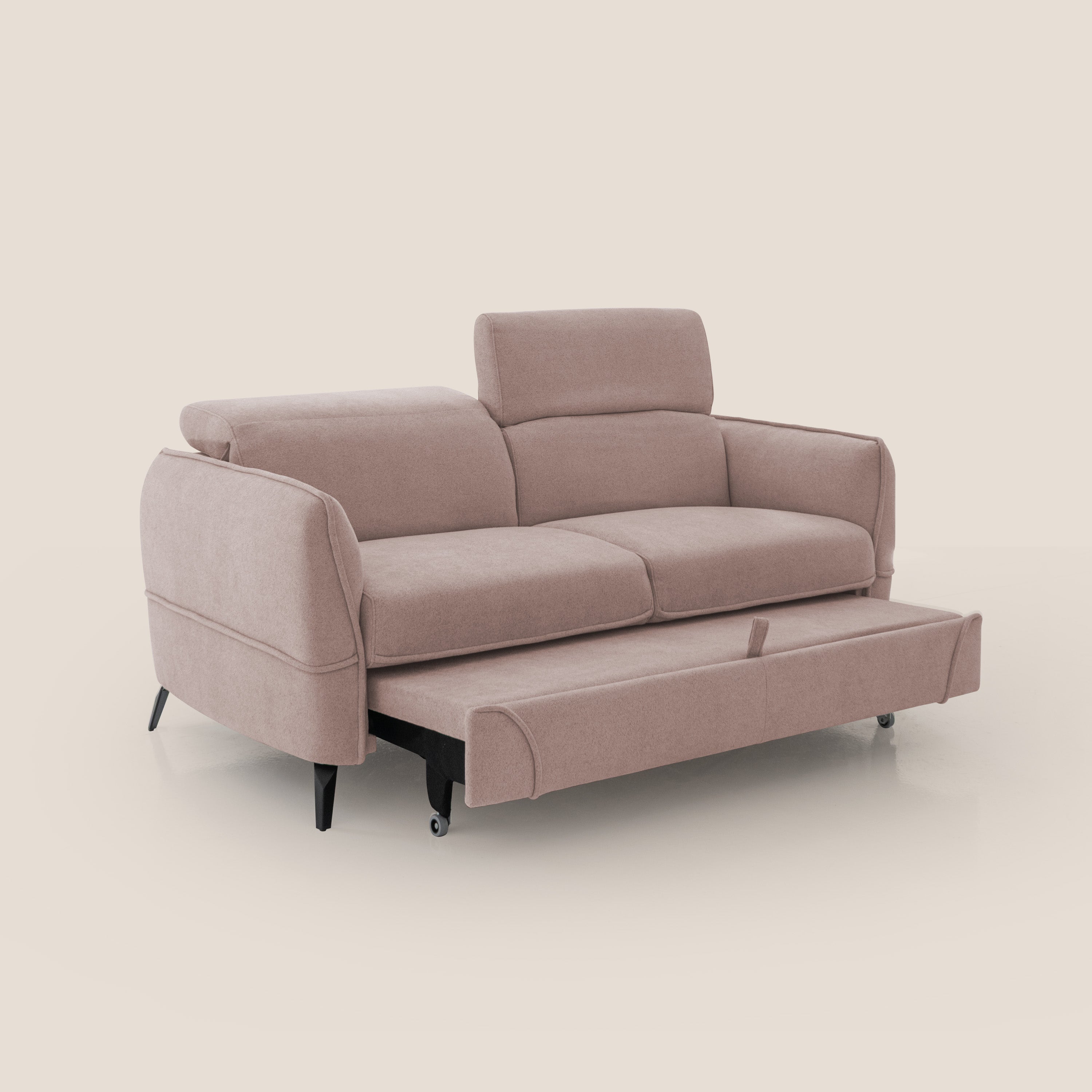 Bloom Divano con poggiapiedi estraibile piedini alti e poggiatesta reclinabili in tessuto bouclé impermeabile T07 rosa - divani.store