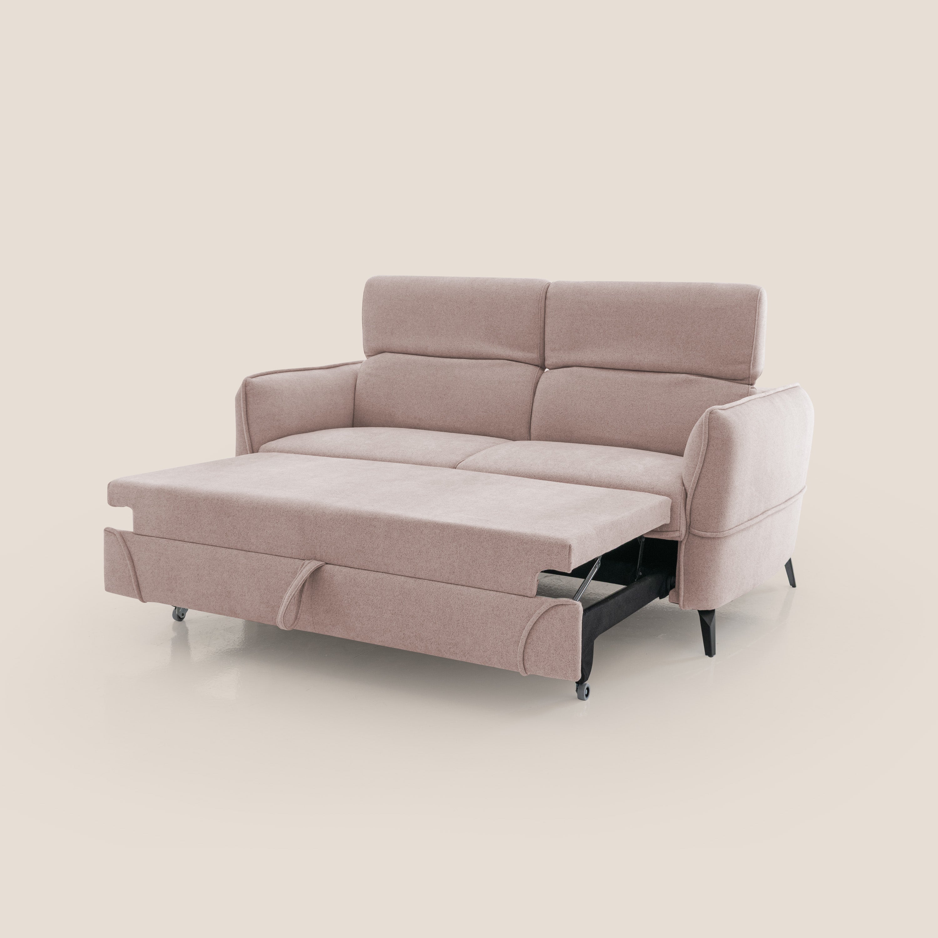 Bloom Divano con poggiapiedi estraibile piedini alti e poggiatesta reclinabili in tessuto bouclé impermeabile T07 rosa - divani.store