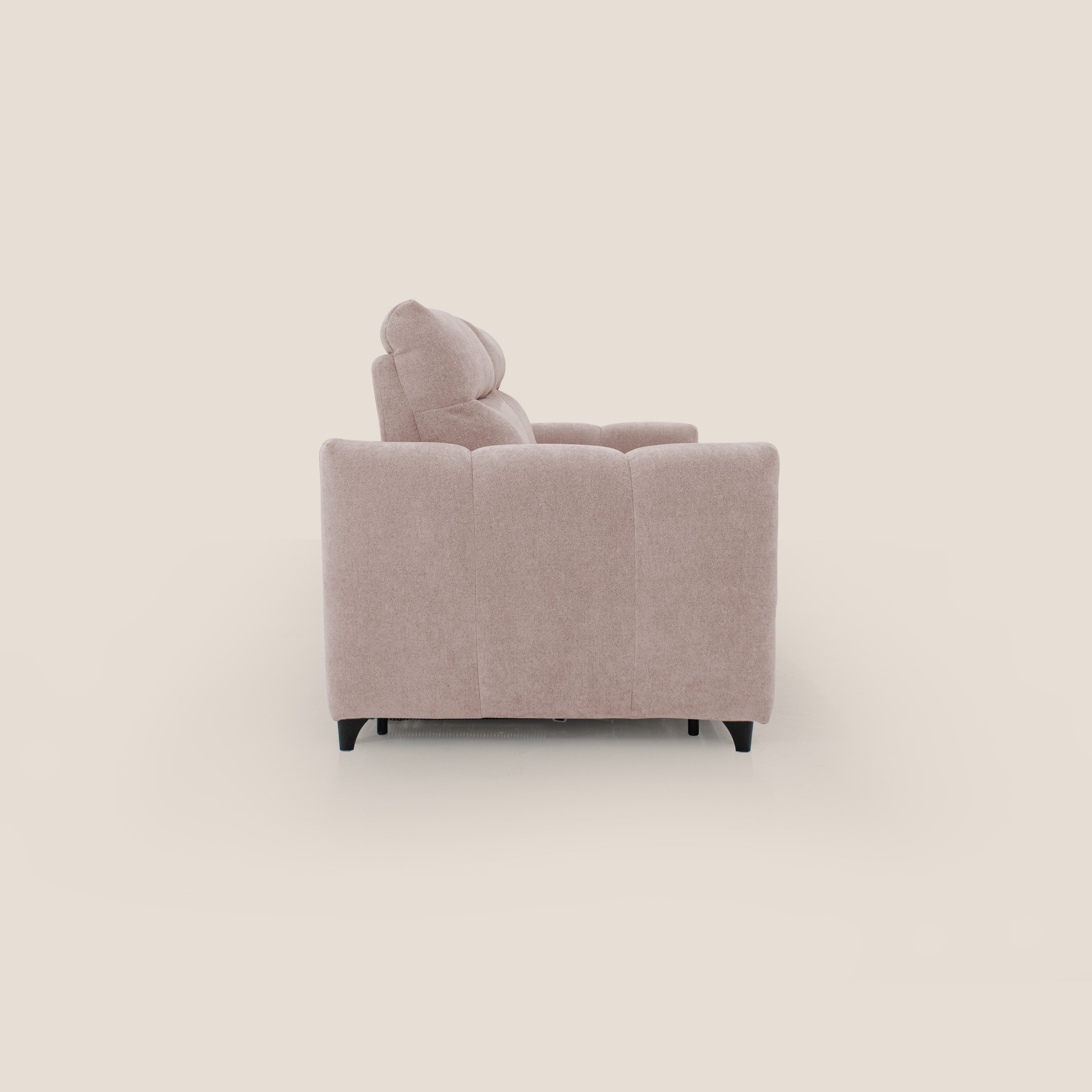 Peonia divano letto scandinavo con materasso H18 cm e morbido e alto schienale in tessuto Bouclé impermeabile T07 rosa - divani.store