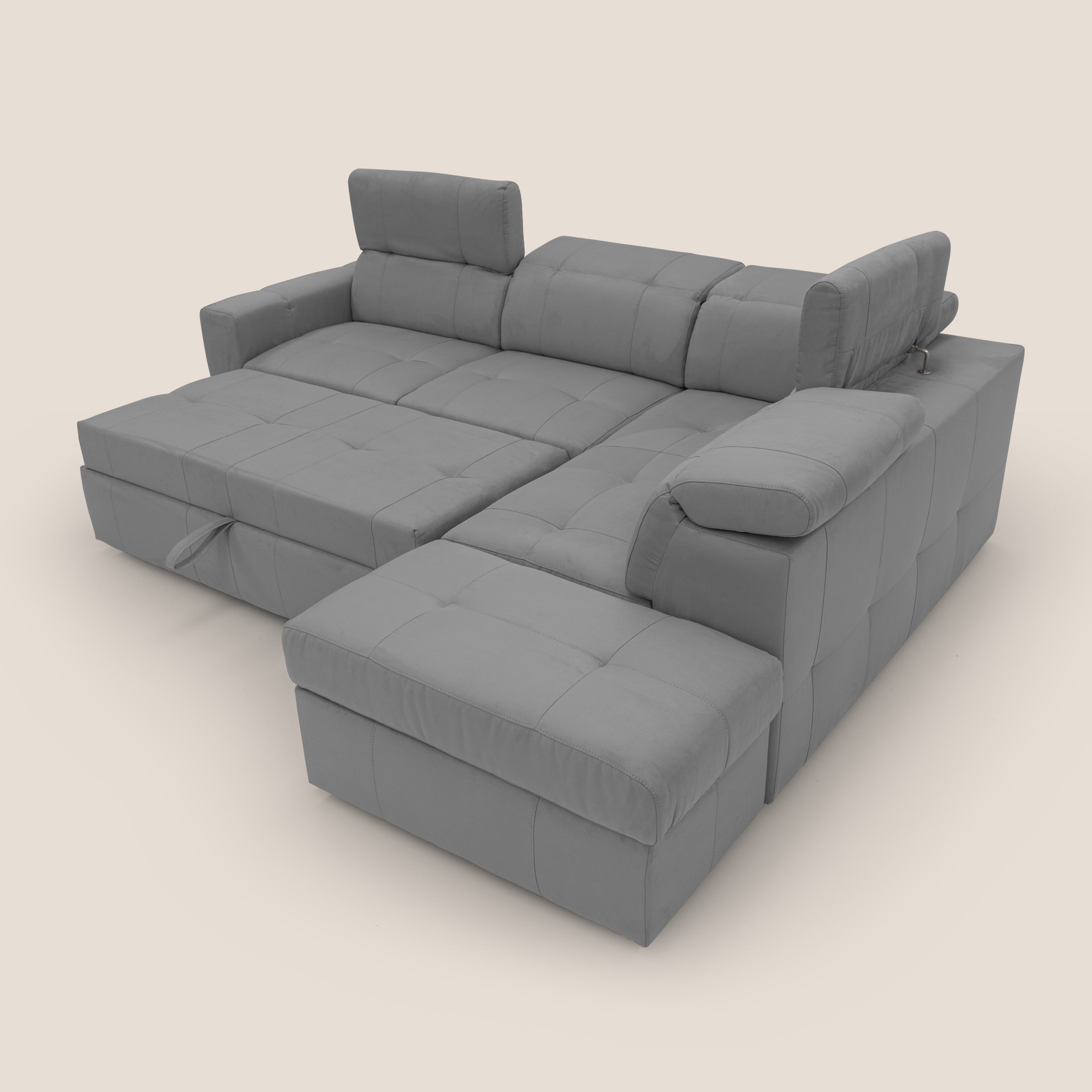 Kronos Divano angolare con poggiapiedi estraibile e pouf contenitore mobile in microfibra impermeabile T11 grigio - divani.store