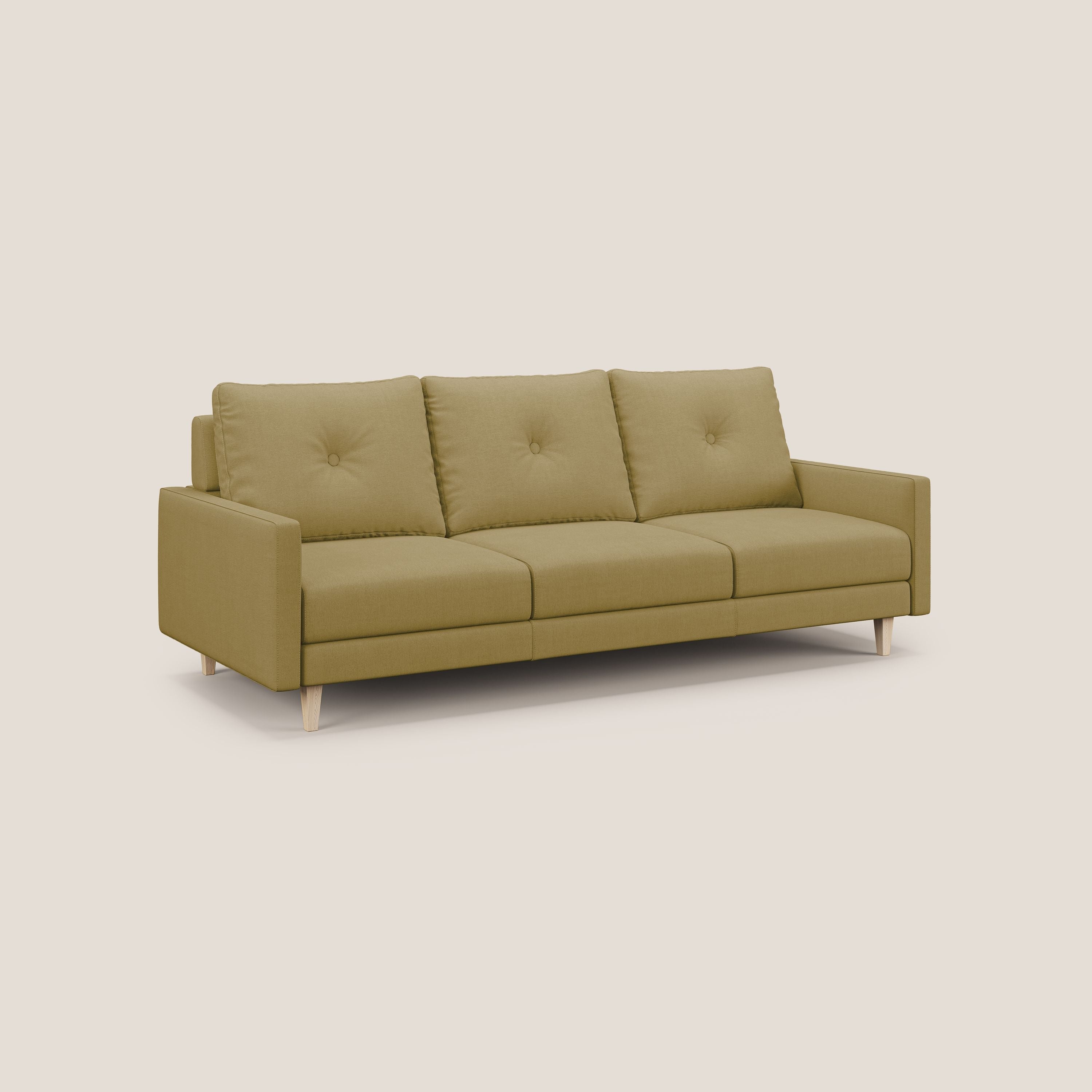 Matisse divano a 3 sedute allungabili e schienali in piuma d'oca in tessuto smacchiabile T17 giallo - divani.store