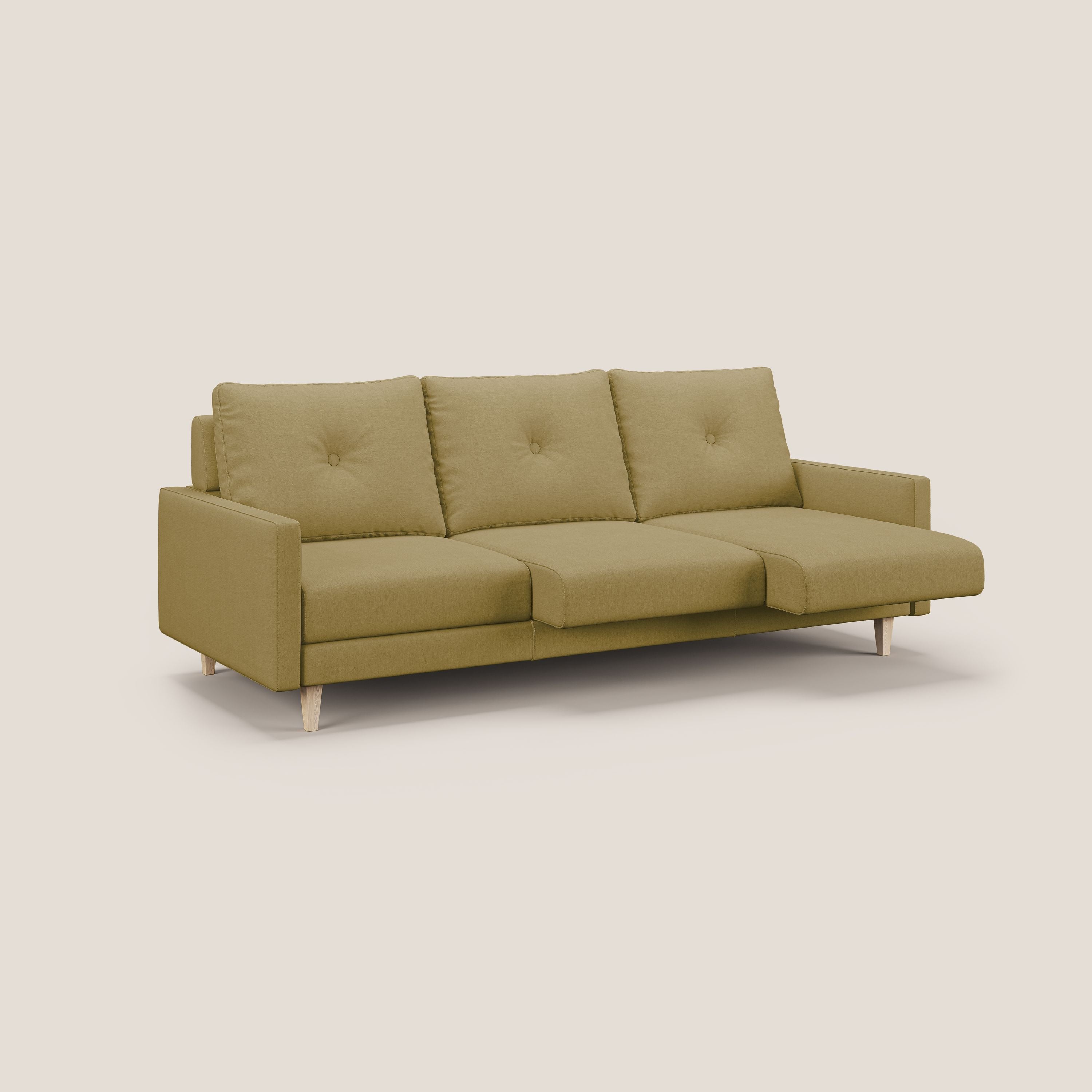 Matisse divano a 3 sedute allungabili e schienali in piuma d'oca in tessuto smacchiabile T17 giallo - divani.store