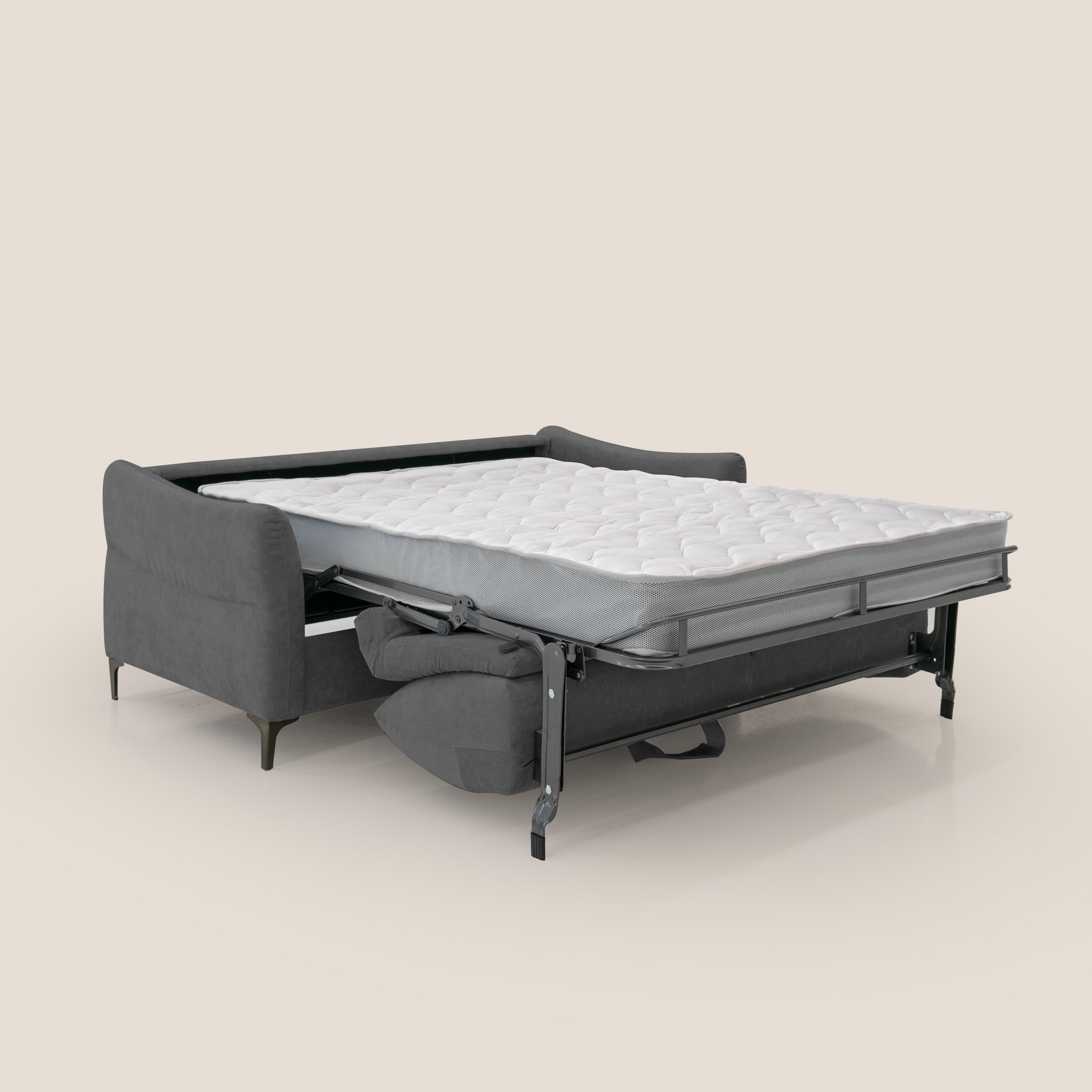 Dalia divano letto con materasso H18 cm e piedi alti in raffinato tessuto smacchiabile T17 antracite - divani.store