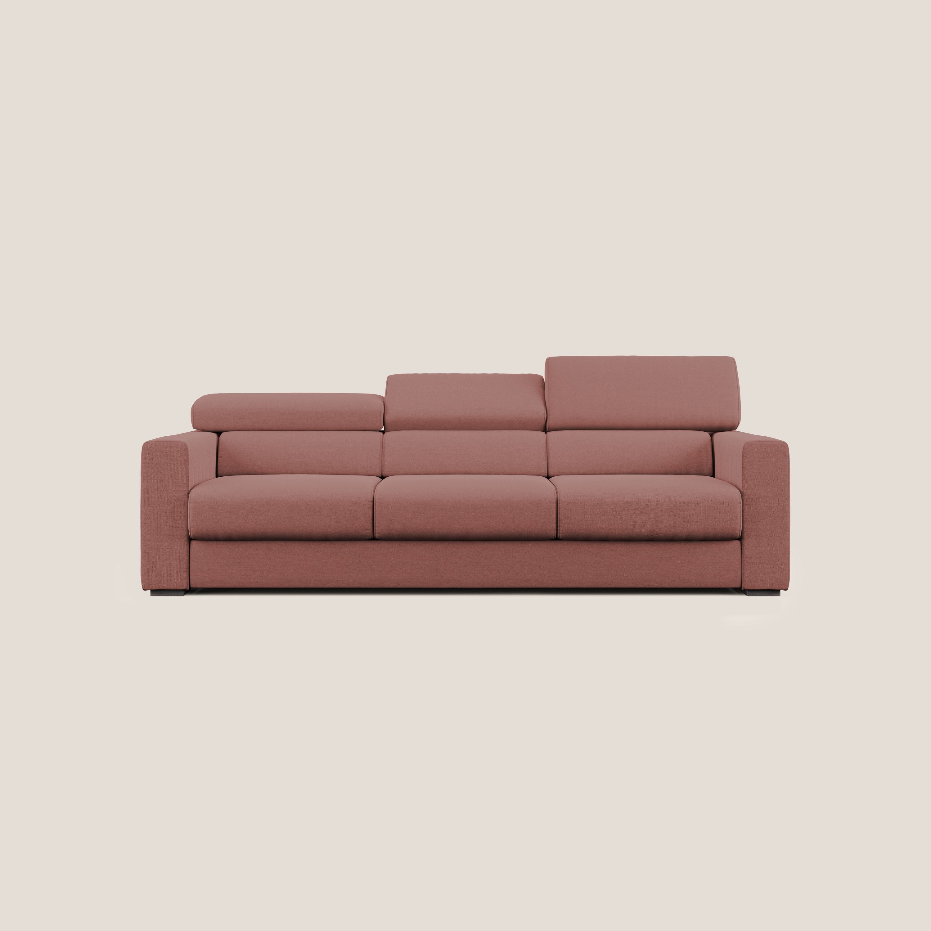 Dylan divano a 3 sedute con pouf estraibile poggiapiedi in tessuto fiammato simil cotone impermeabile T19 salmone - divani.store