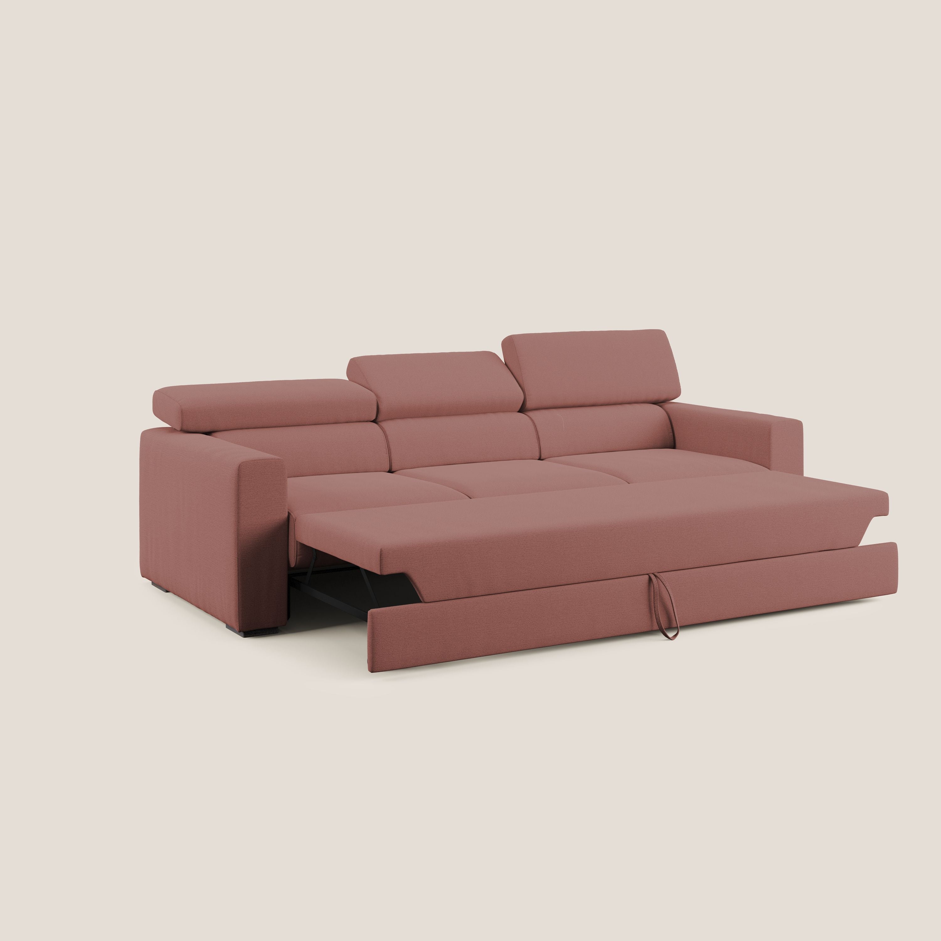 Dylan divano a 3 sedute con pouf estraibile poggiapiedi in tessuto fiammato simil cotone impermeabile T19 salmone - divani.store