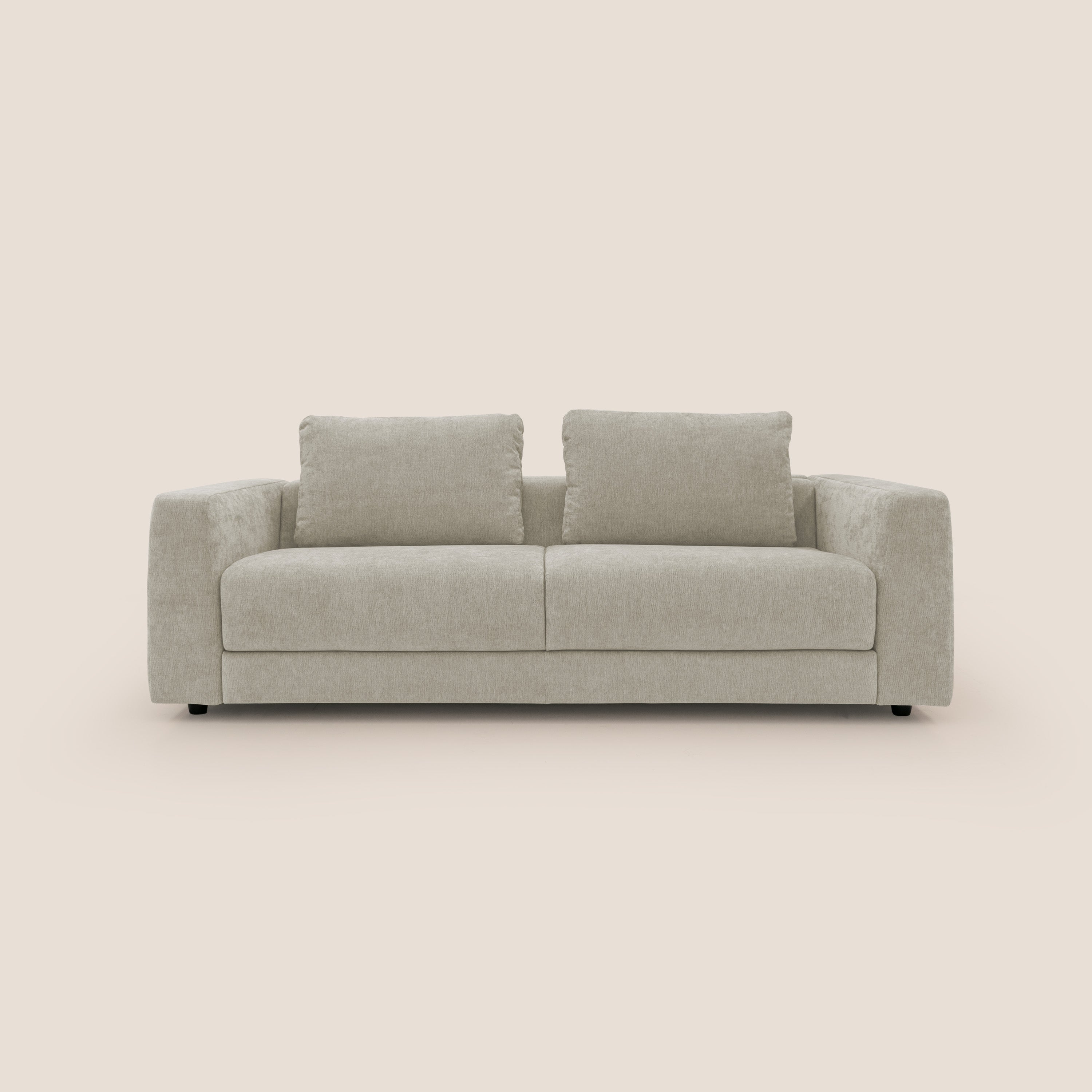 Freia Divano letto minimal materasso h15 cm con morbidi schienali in tessuto impermeabile T14 panna - divani.store