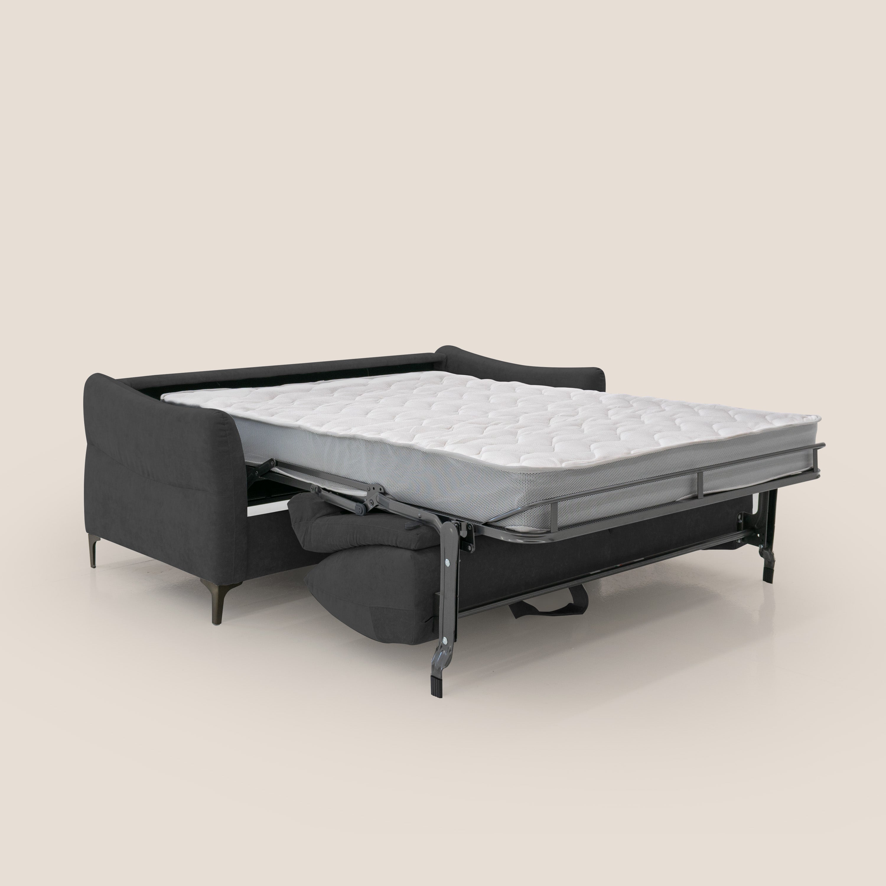 Dalia divano letto con materasso H18 cm e piedi alti in raffinato tessuto smacchiabile T17 nero - divani.store