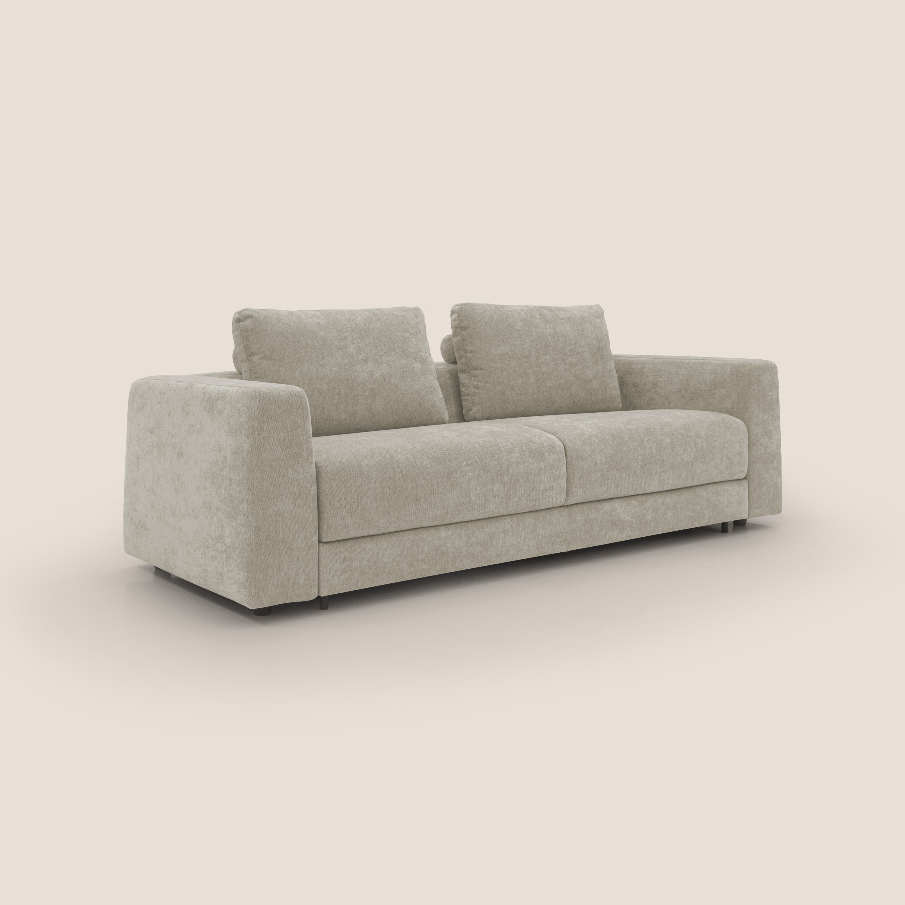 Freia Divano letto minimal materasso h15 cm con morbidi schienali in tessuto impermeabile T14 panna - divani.store