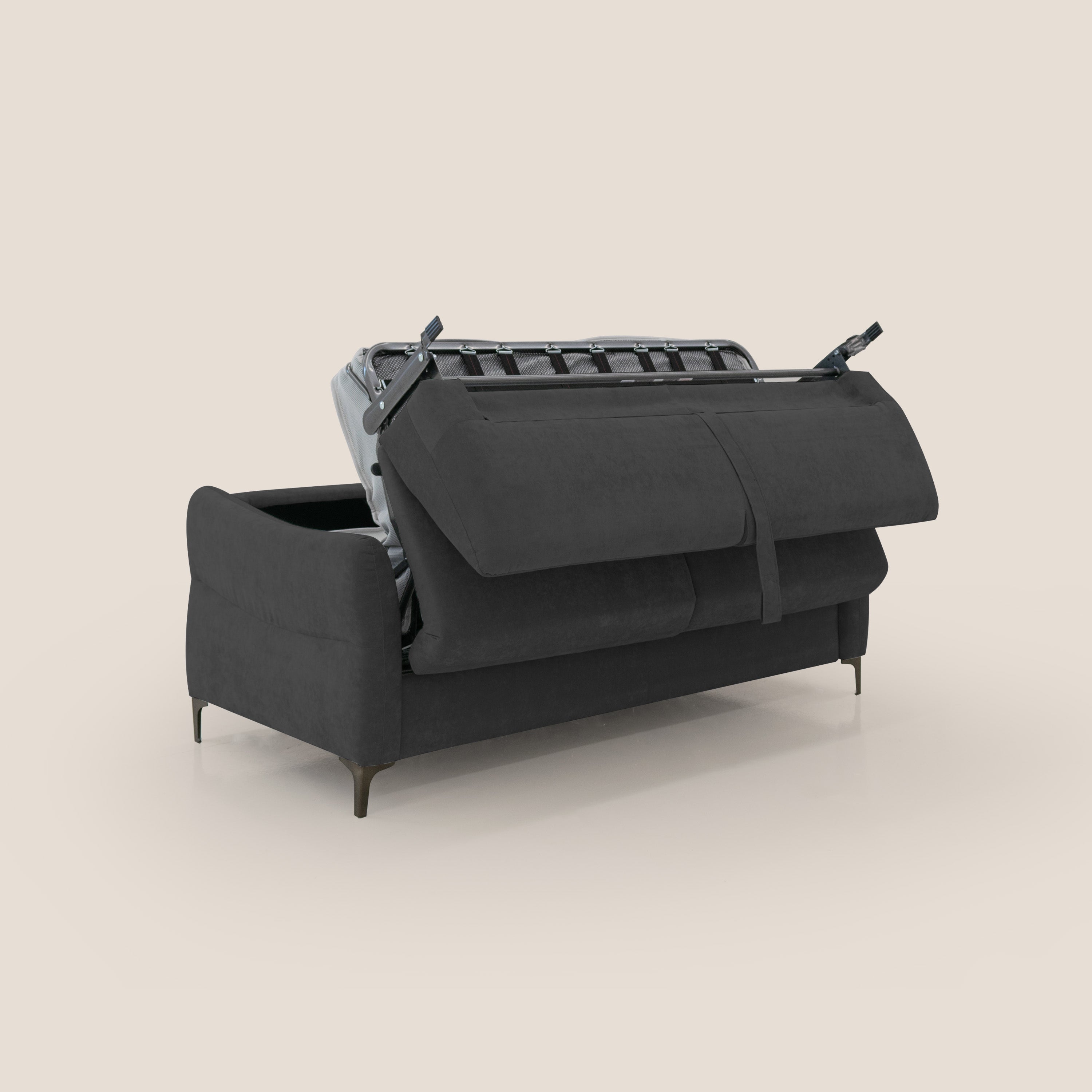 Dalia divano letto con materasso H18 cm e piedi alti in raffinato tessuto smacchiabile T17 nero - divani.store