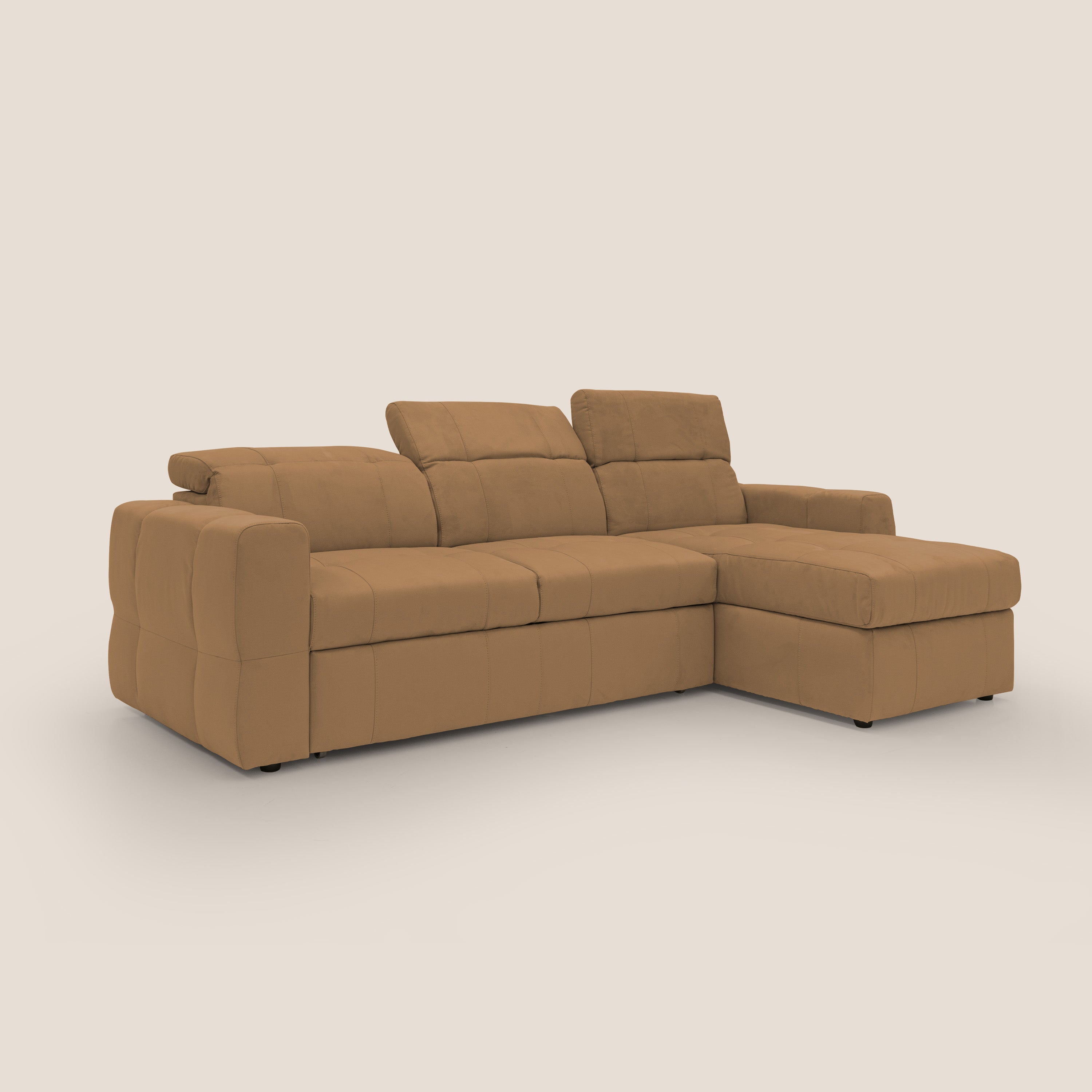 Kronos Divano angolare con pouf estraibile e penisola contenitore in microfibra impermeabile T11 cuoio - divani.store