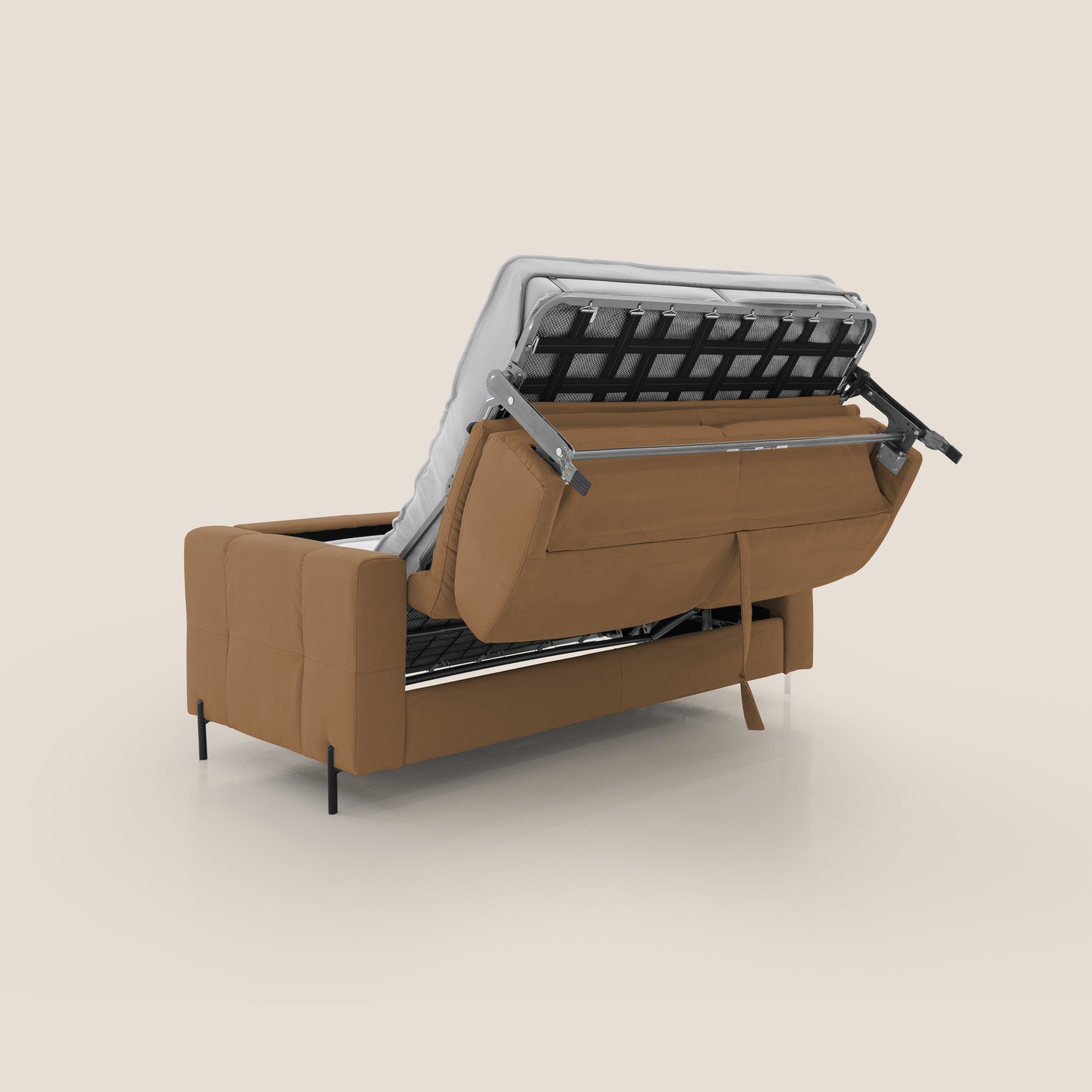 Ortensia divano letto materasso H18 cm con piedi alti in elegante microfibra smacchiabile T11 cuoio - divani.store