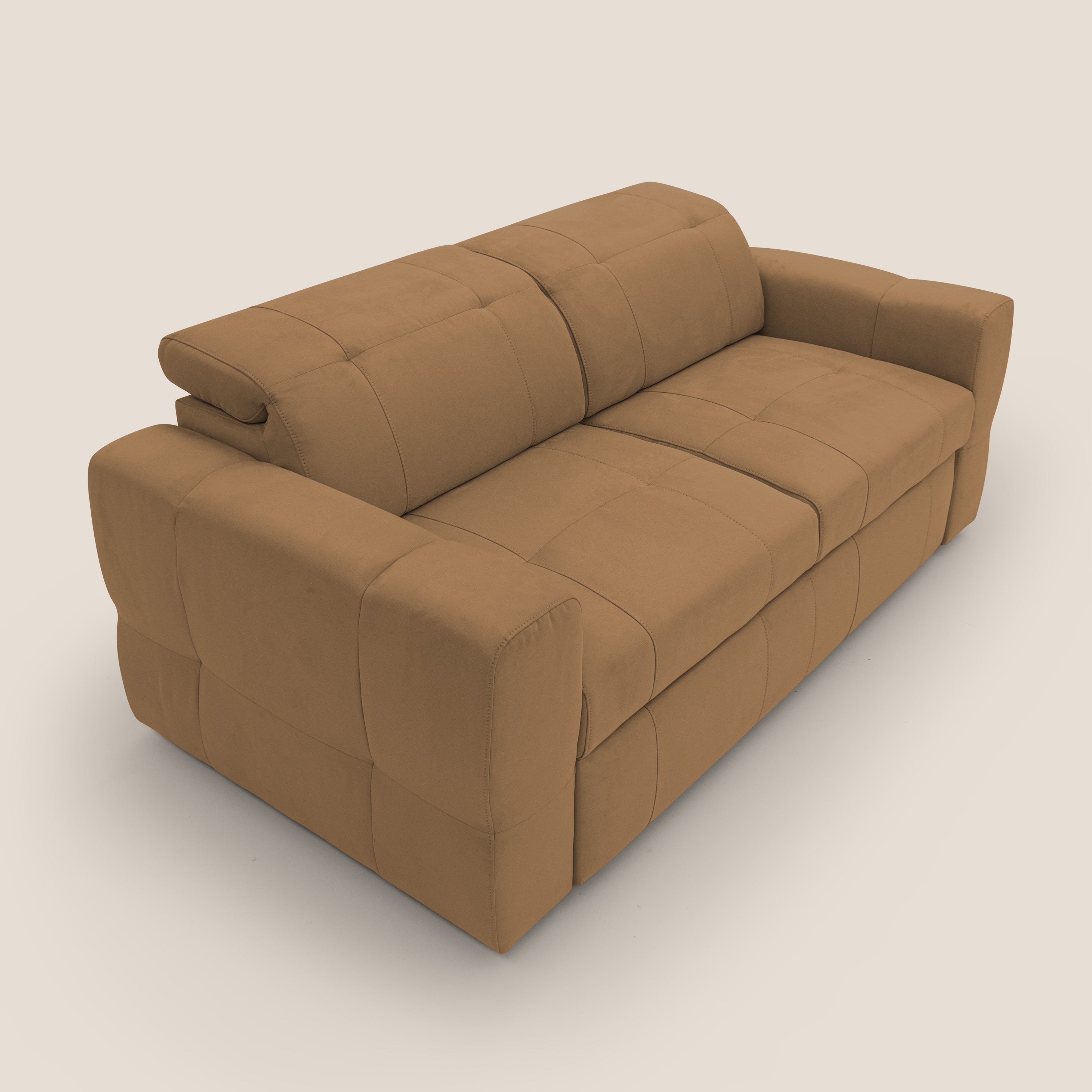 Kronos Divano con pouf estraibile poggiapiedi e poggiatesta reclinabili in morbida microfibra impermeabile T11 cuoio - divani.store