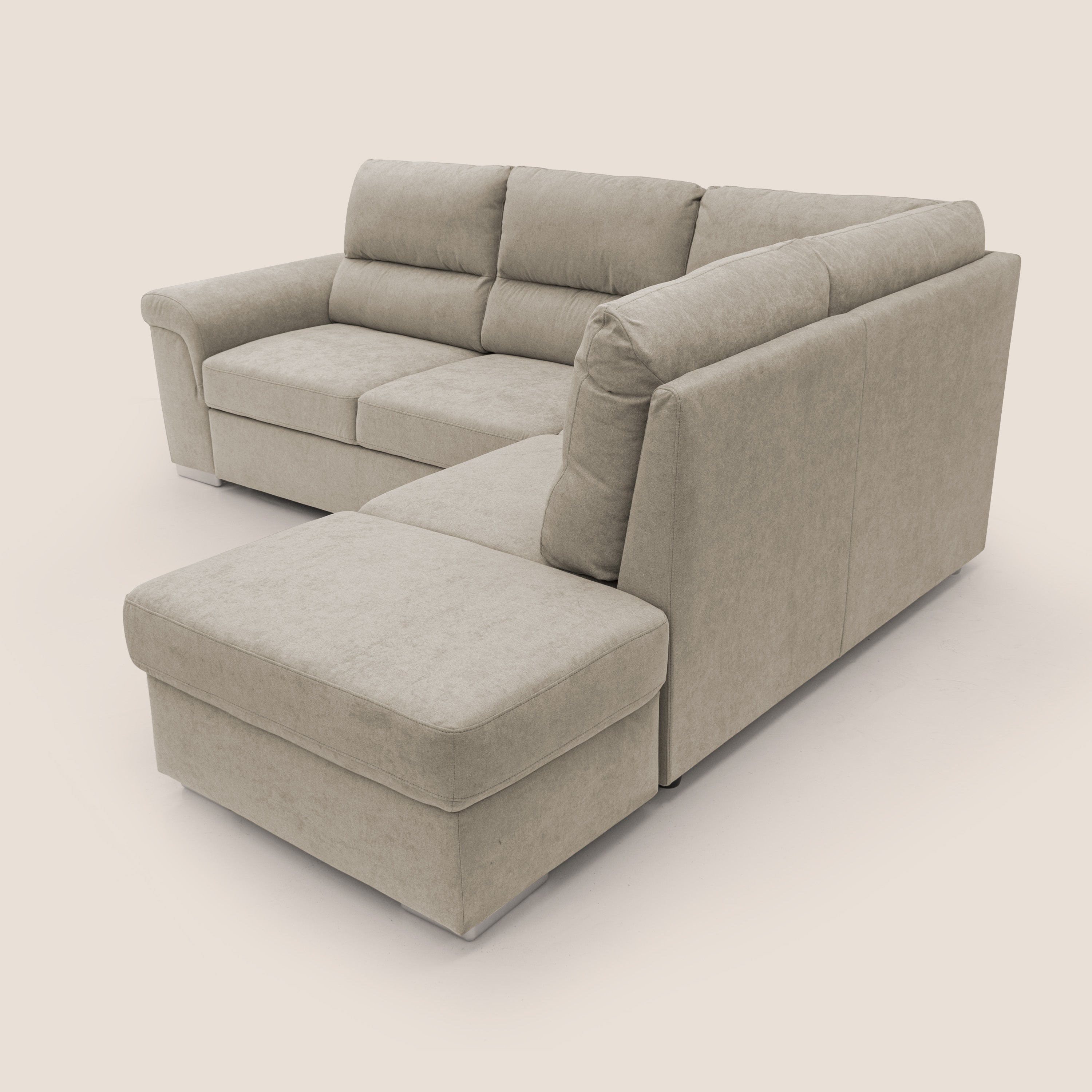 Minerva divano angolare con estraibile a cassettone e pouf contenitore in tessuto morbido impermeabile T02 panna - divani.store