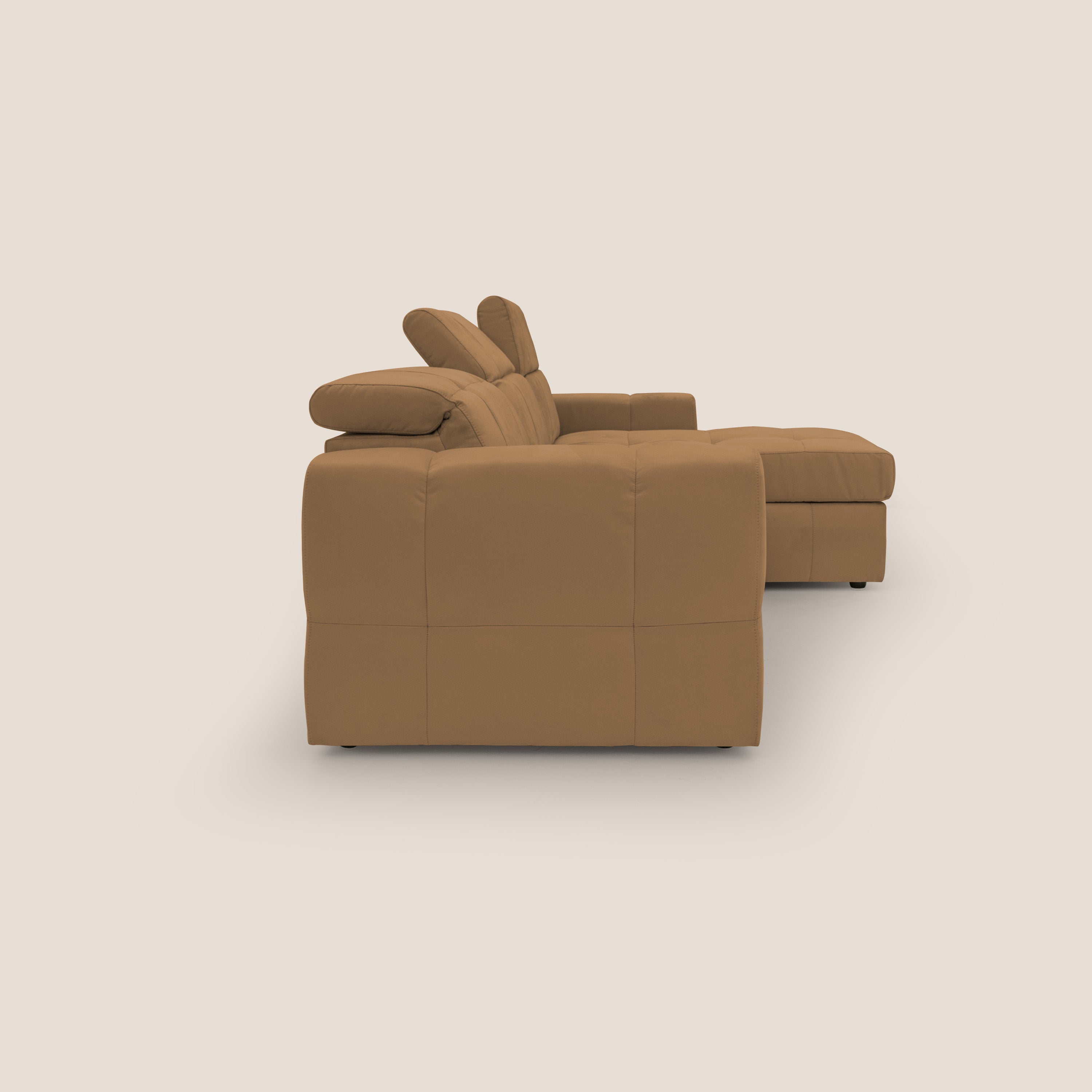 Kronos Divano angolare con pouf estraibile e penisola contenitore in microfibra impermeabile T11 cuoio - divani.store