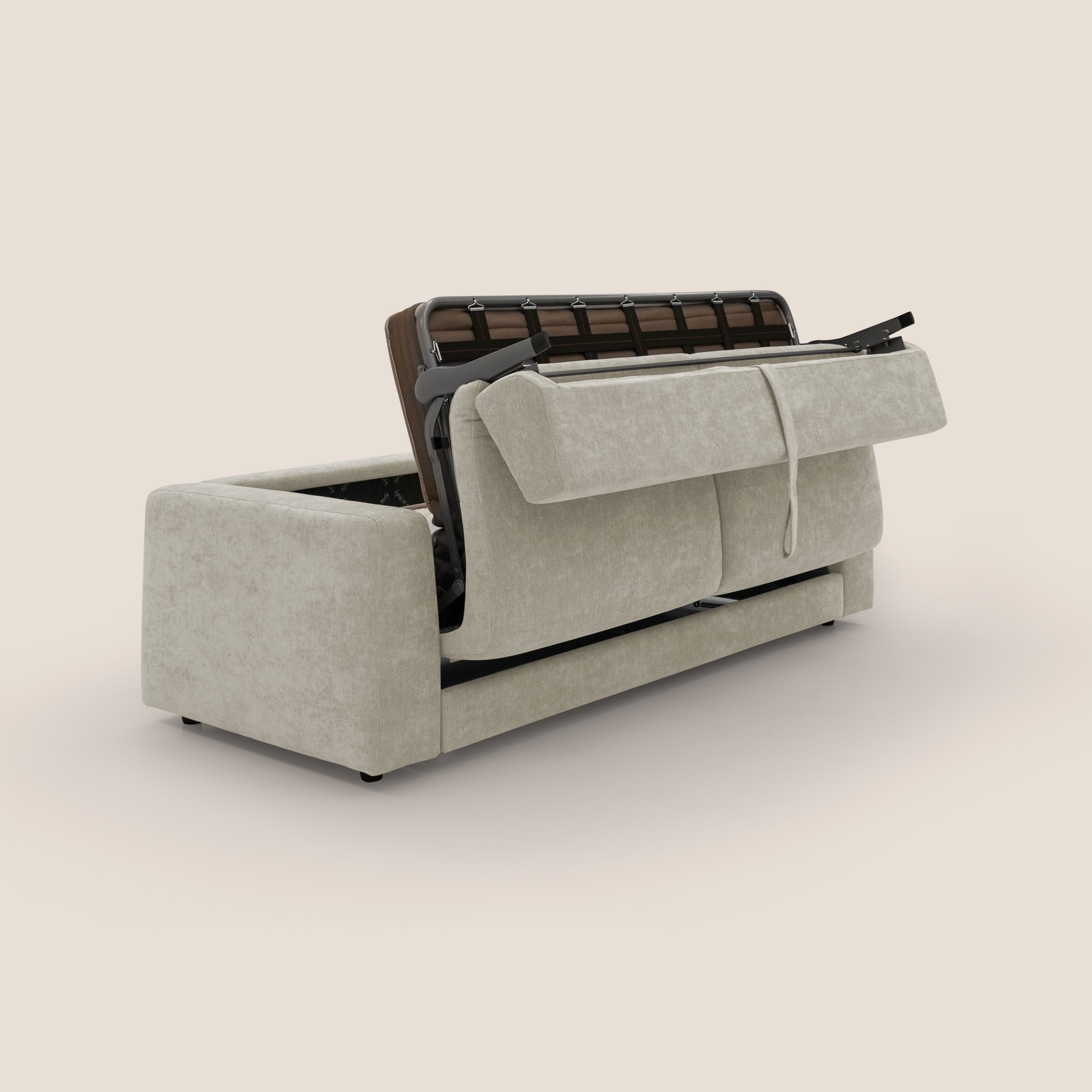 Freia Divano letto minimal materasso h15 cm con morbidi schienali in tessuto impermeabile T14 panna - divani.store