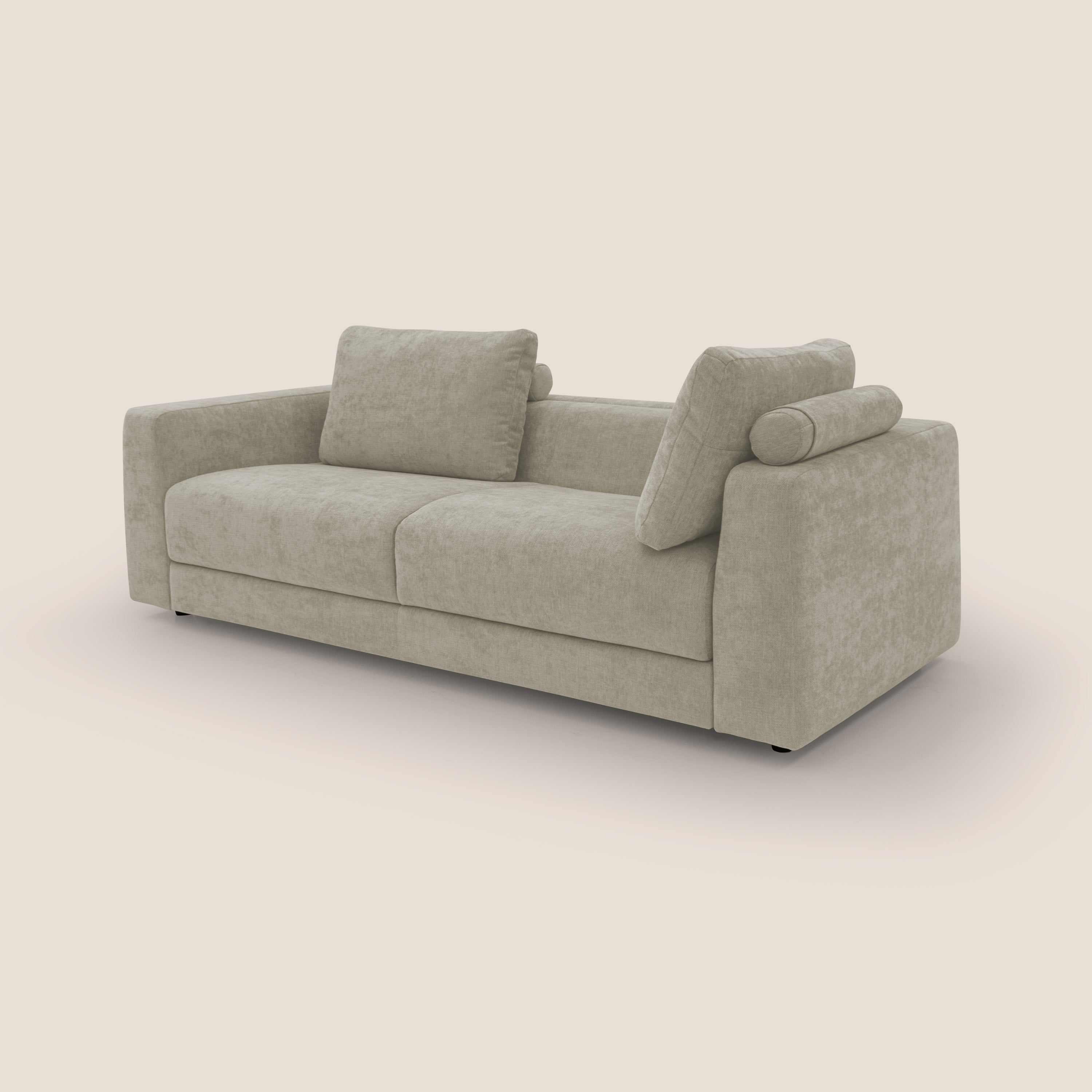 Freia Divano letto minimal materasso h15 cm con morbidi schienali in tessuto impermeabile T14 panna - divani.store