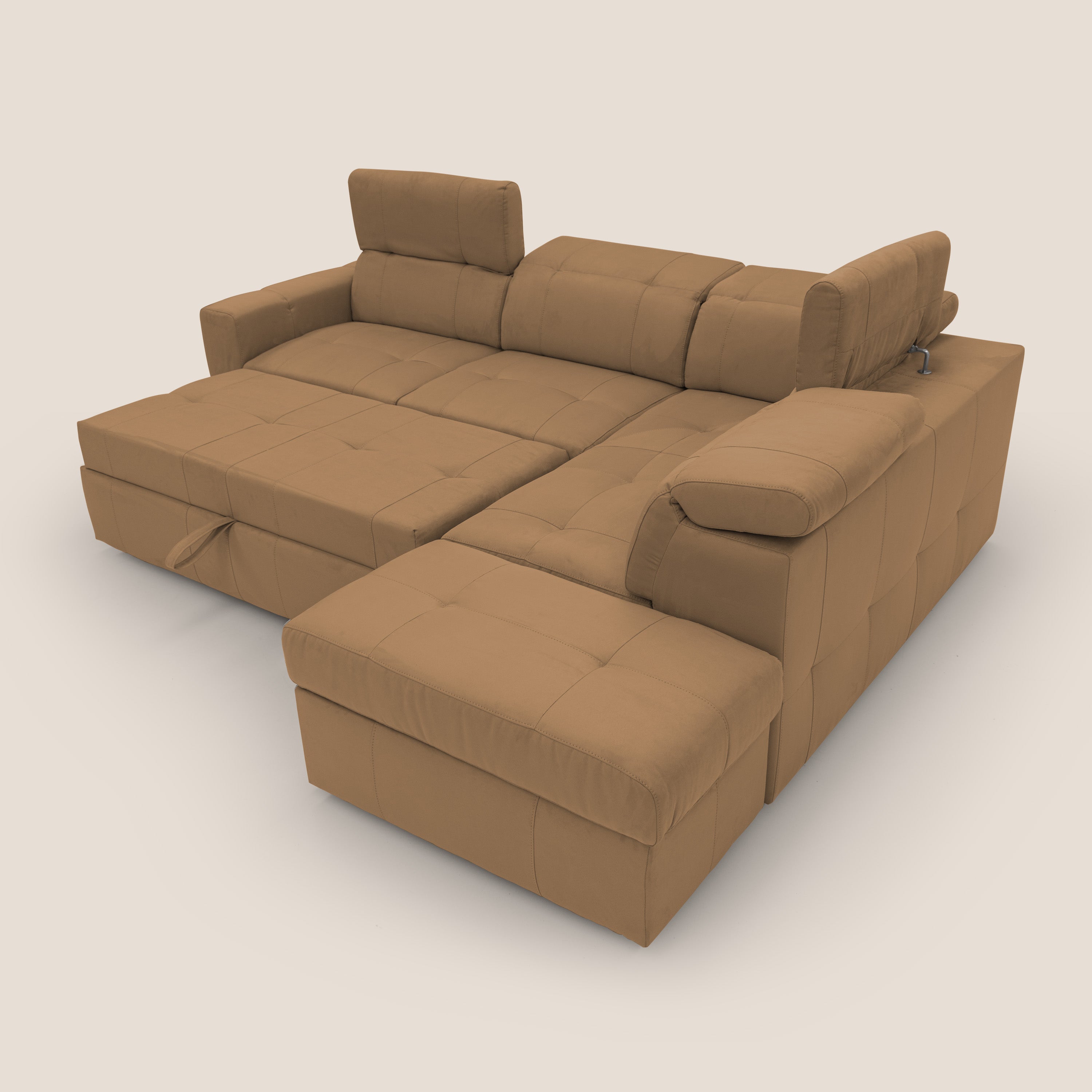 Kronos Divano angolare con poggiapiedi estraibile e pouf contenitore mobile in microfibra impermeabile T11 cuoio - divani.store