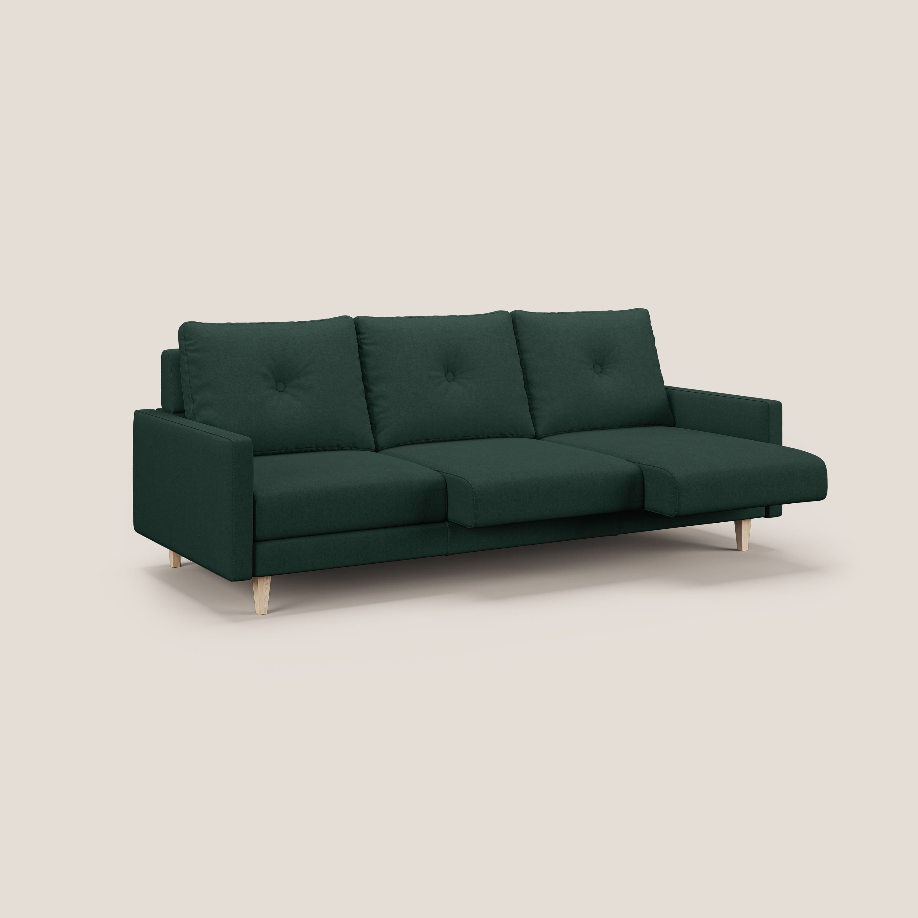 Matisse divano a 3 sedute allungabili e schienali in piuma d'oca in tessuto smacchiabile T17 verde - divani.store