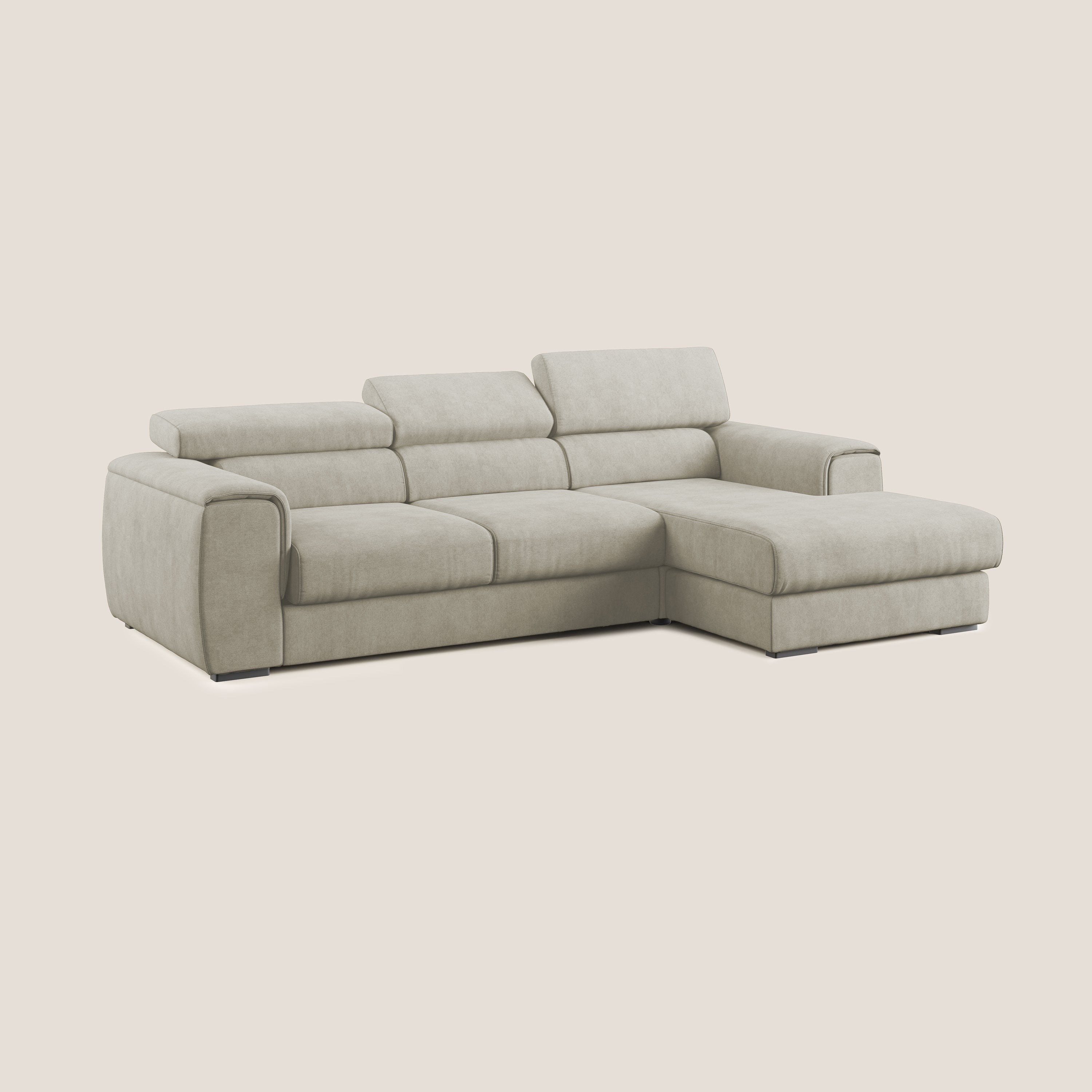 Zeno Divano angolare con pouf estraibile poggiapiedi in tessuto morbido impermeabile T02 panna - divani.store