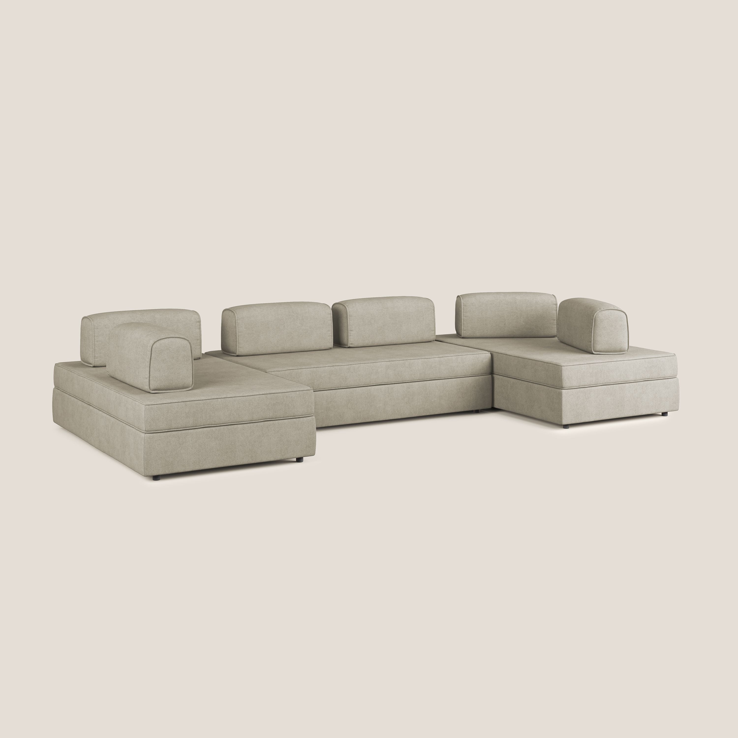 Liberty divano panoramico con pouf estraibile e schienali movibili in tessuto morbido impermeabile T02 panna - divani.store
