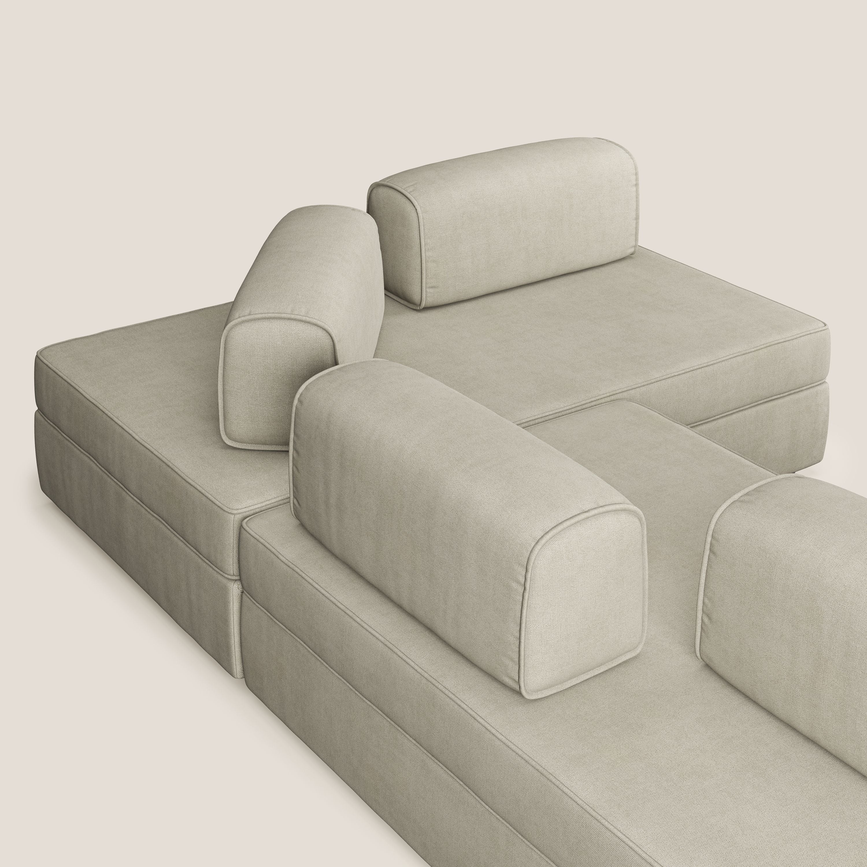 Liberty divano angolare con pouf estraibile e schienali movibili in tessuto morbido impermeabile T02 panna - divani.store