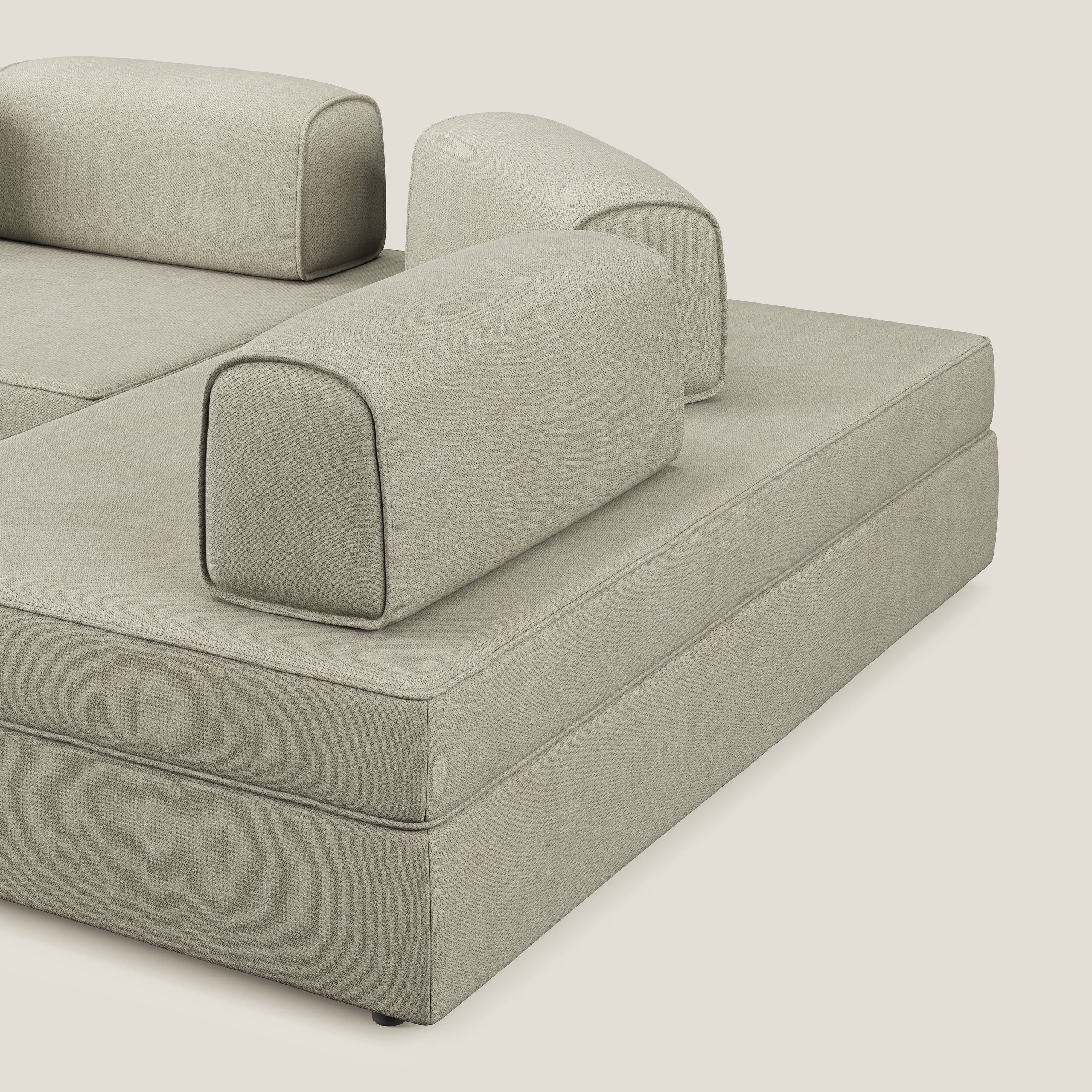 Liberty divano angolare con pouf estraibile e schienali movibili in tessuto morbido impermeabile T02 panna - divani.store