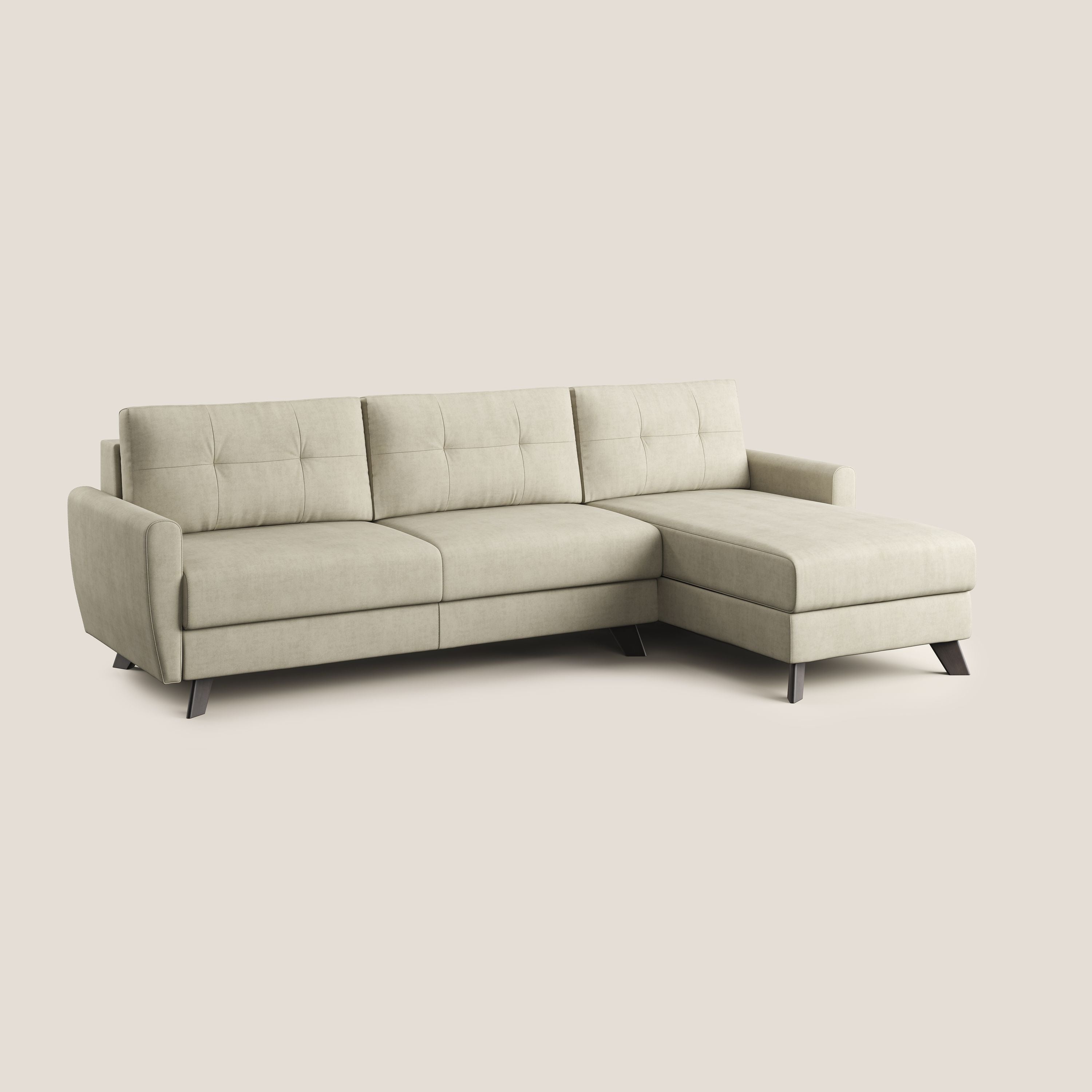 Callisto Divano letto angolare con penisola in tessuto morbido impermeabile T02 panna - divani.store