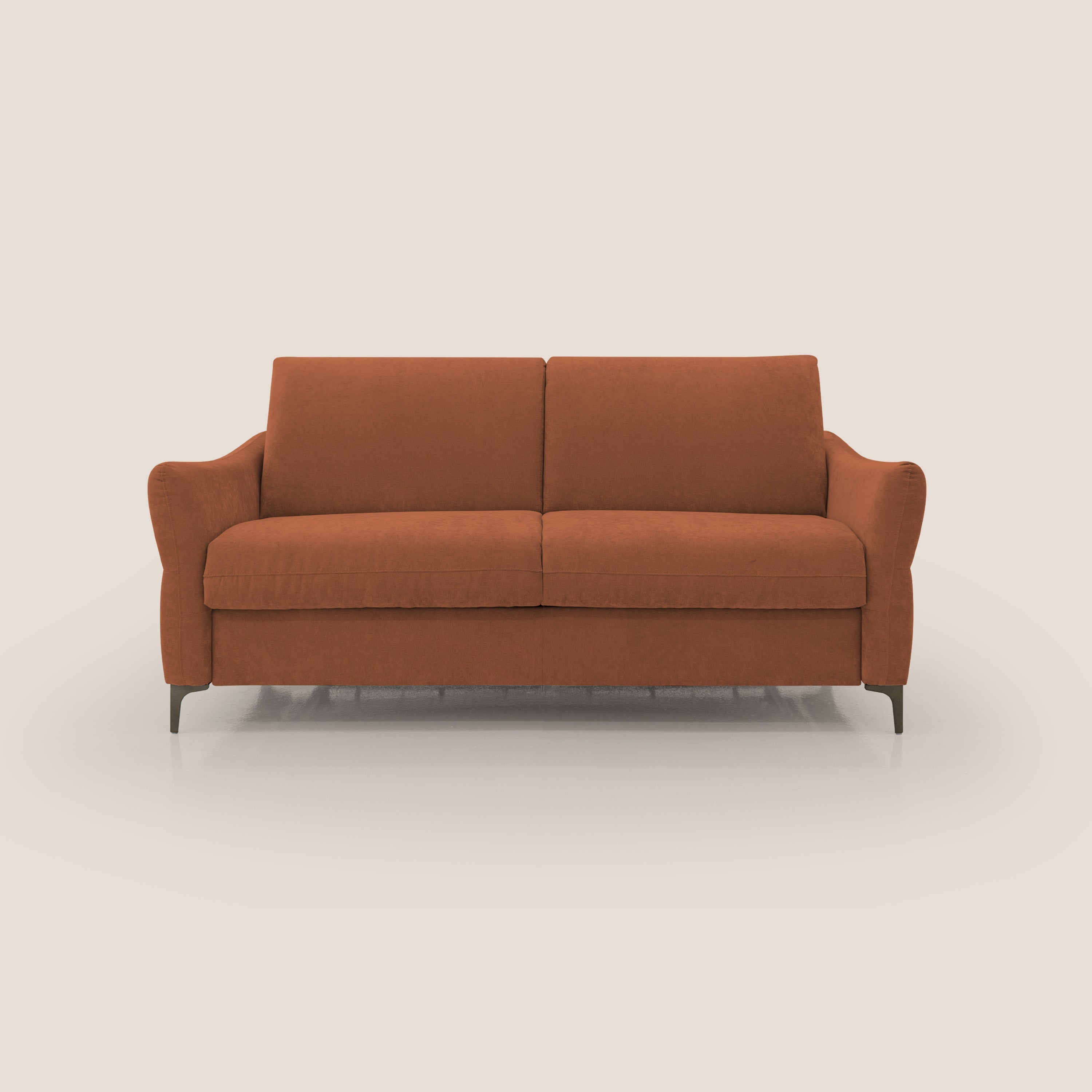 Dalia divano letto con materasso H18 cm e piedi alti in raffinato tessuto smacchiabile T17 arancio - divani.store