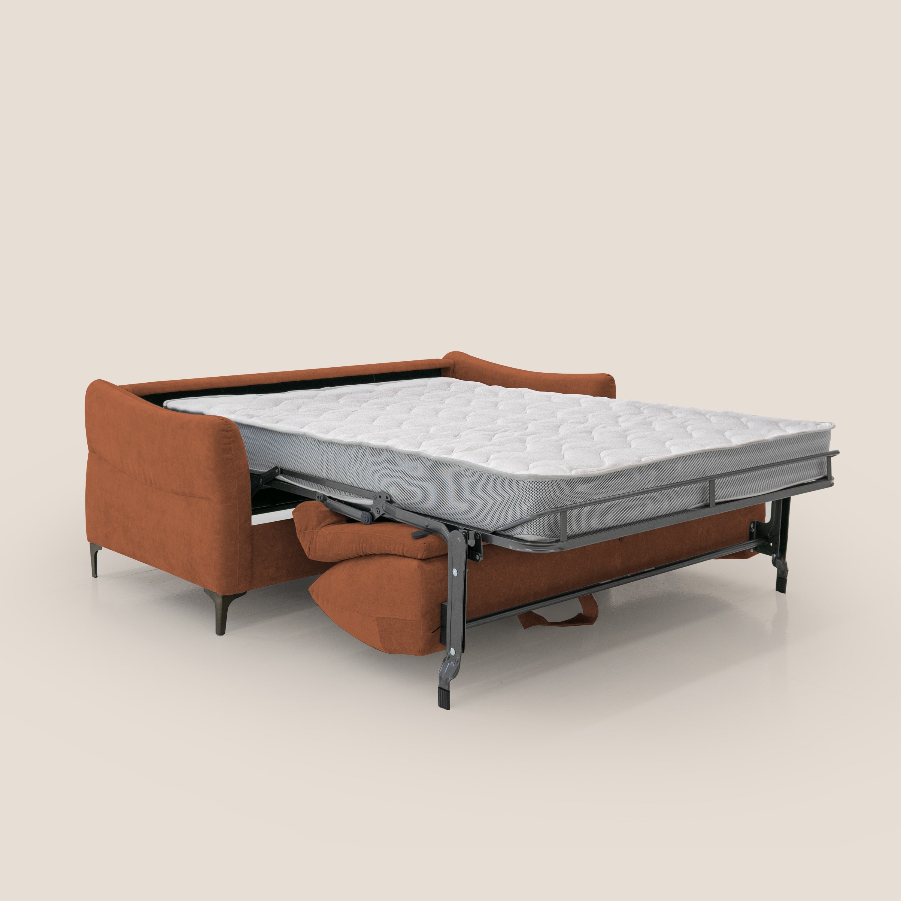 Dalia divano letto con materasso H18 cm e piedi alti in raffinato tessuto smacchiabile T17 arancio - divani.store