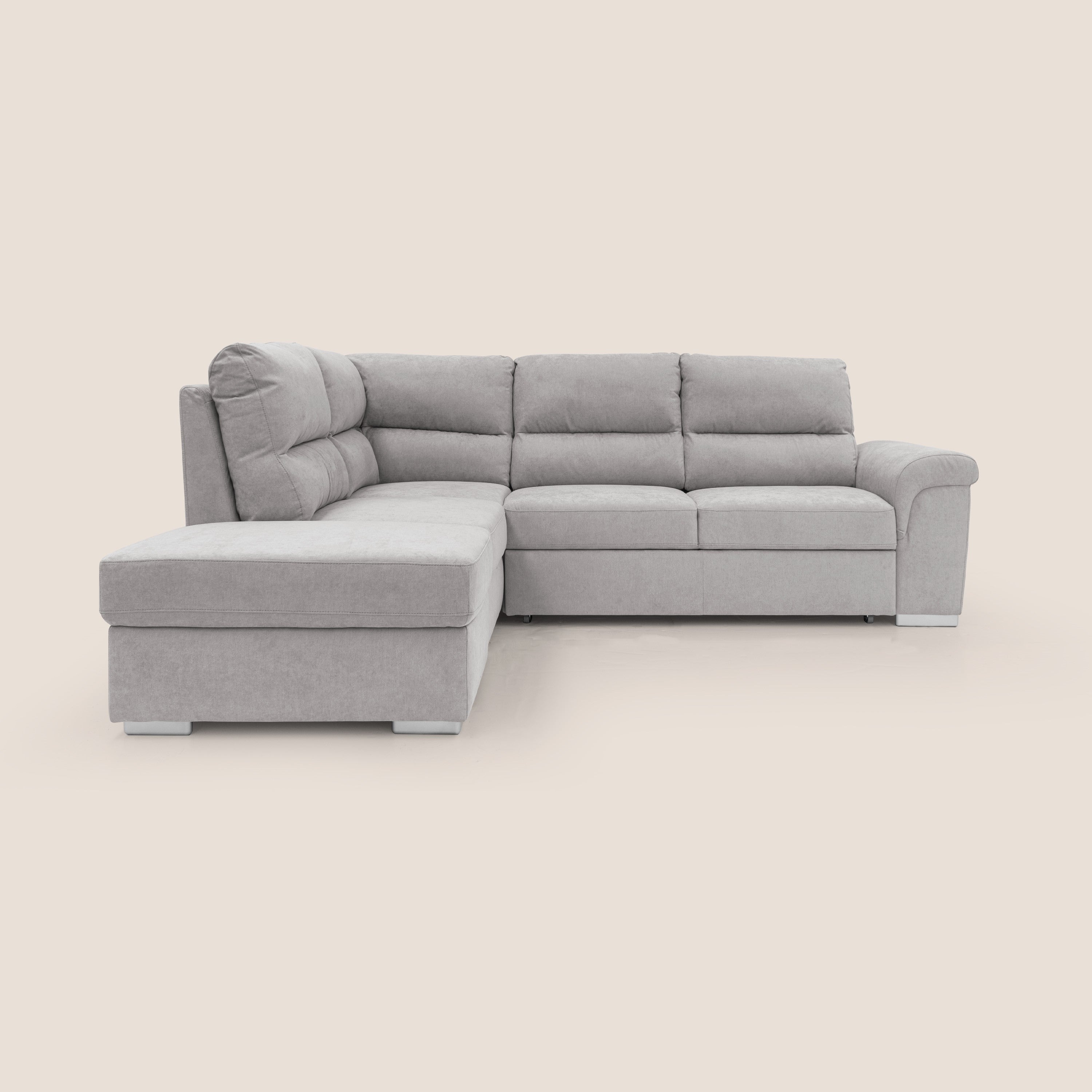 Minerva divano angolare con estraibile a cassettone e pouf contenitore in tessuto morbido impermeabile T02 grigio chiaro - divani.store