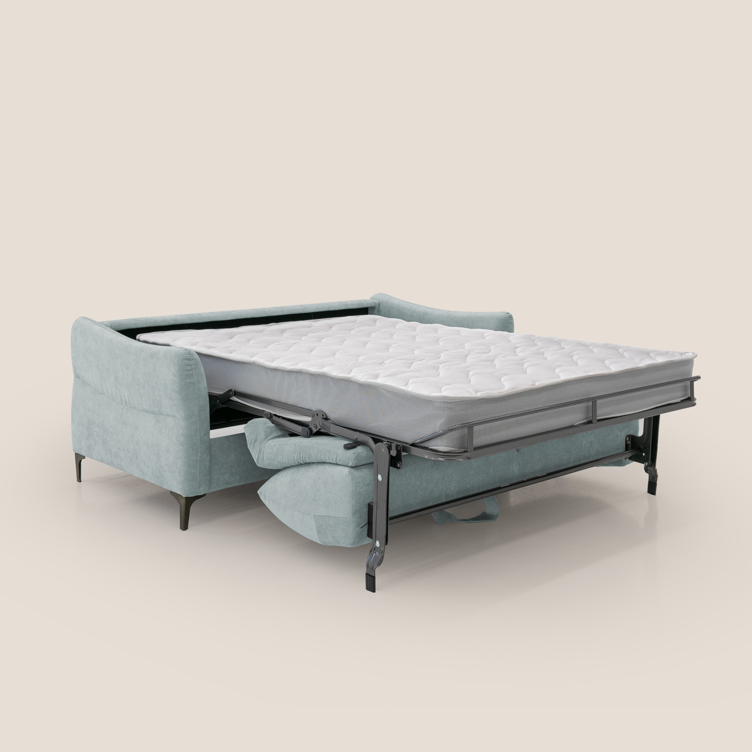 Dalia divano letto con materasso H18 cm e piedi alti in raffinato tessuto smacchiabile T17 verde acqua - divani.store
