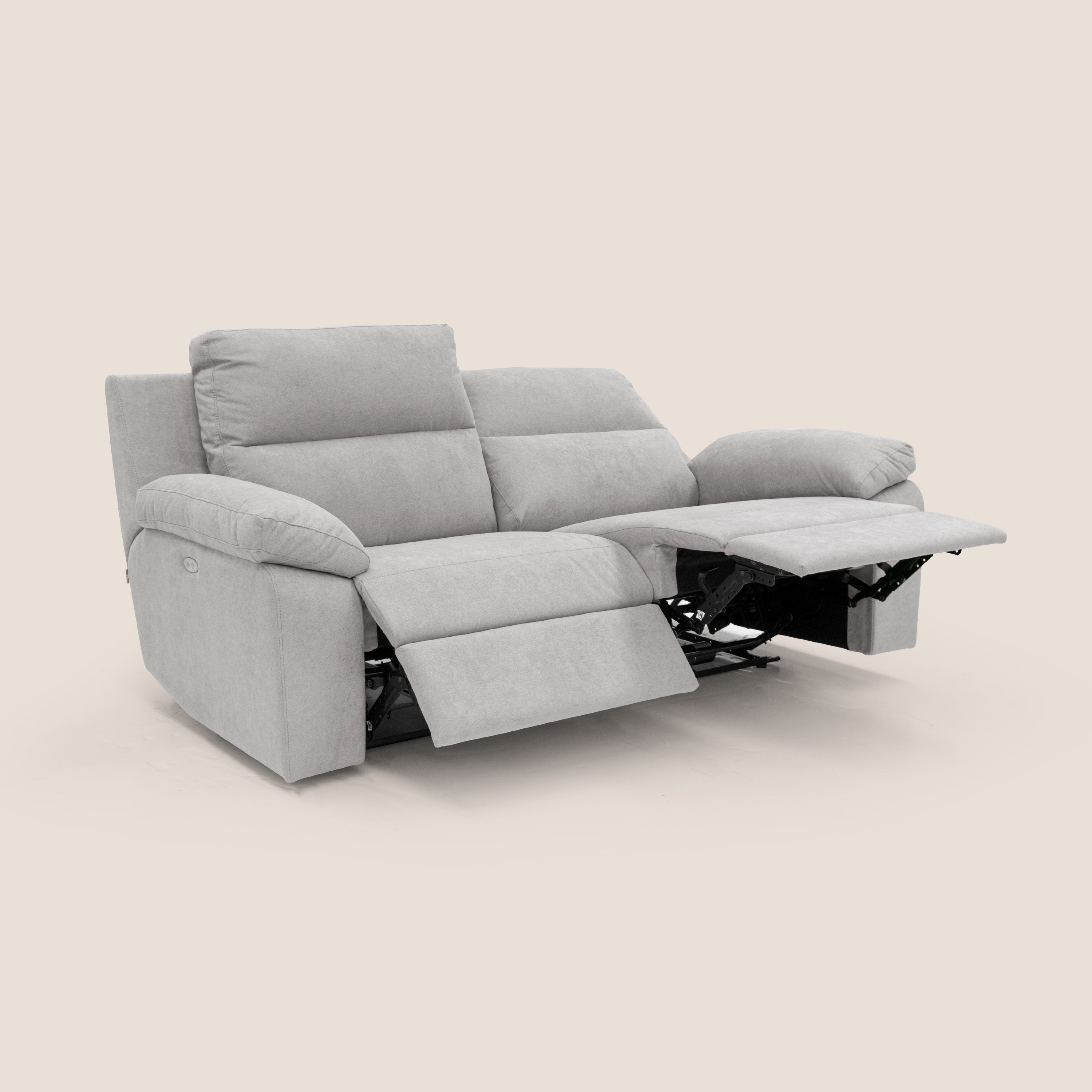 Romeo Divano relax con recliner elettrico in morbido tessuto impermeabile T02 grigio chiaro - divani.store