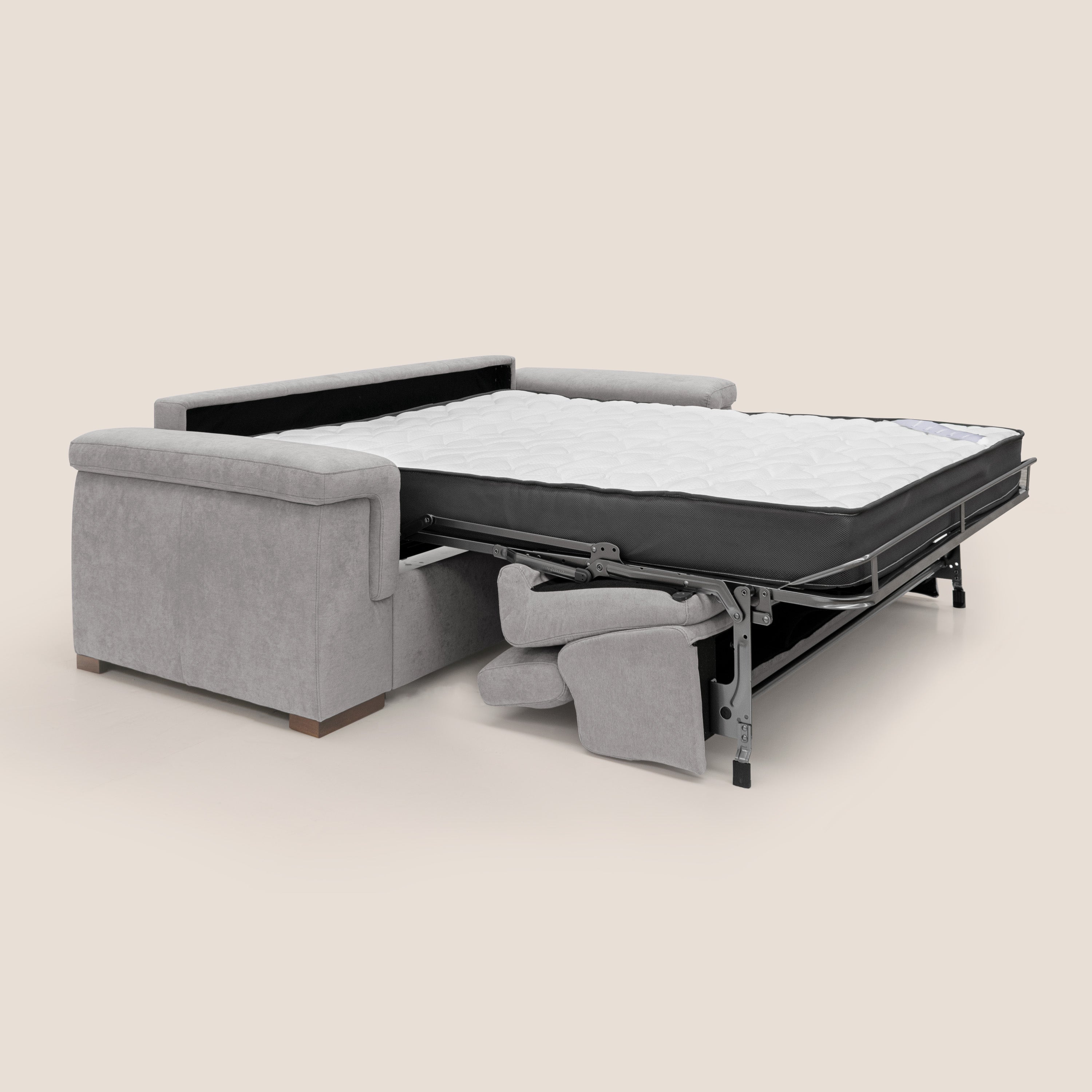Giunone divano letto con materasso alto 18 cm e poggiatesta reclinabili in tessuto impermeabile T02 grigio chiaro - divani.store