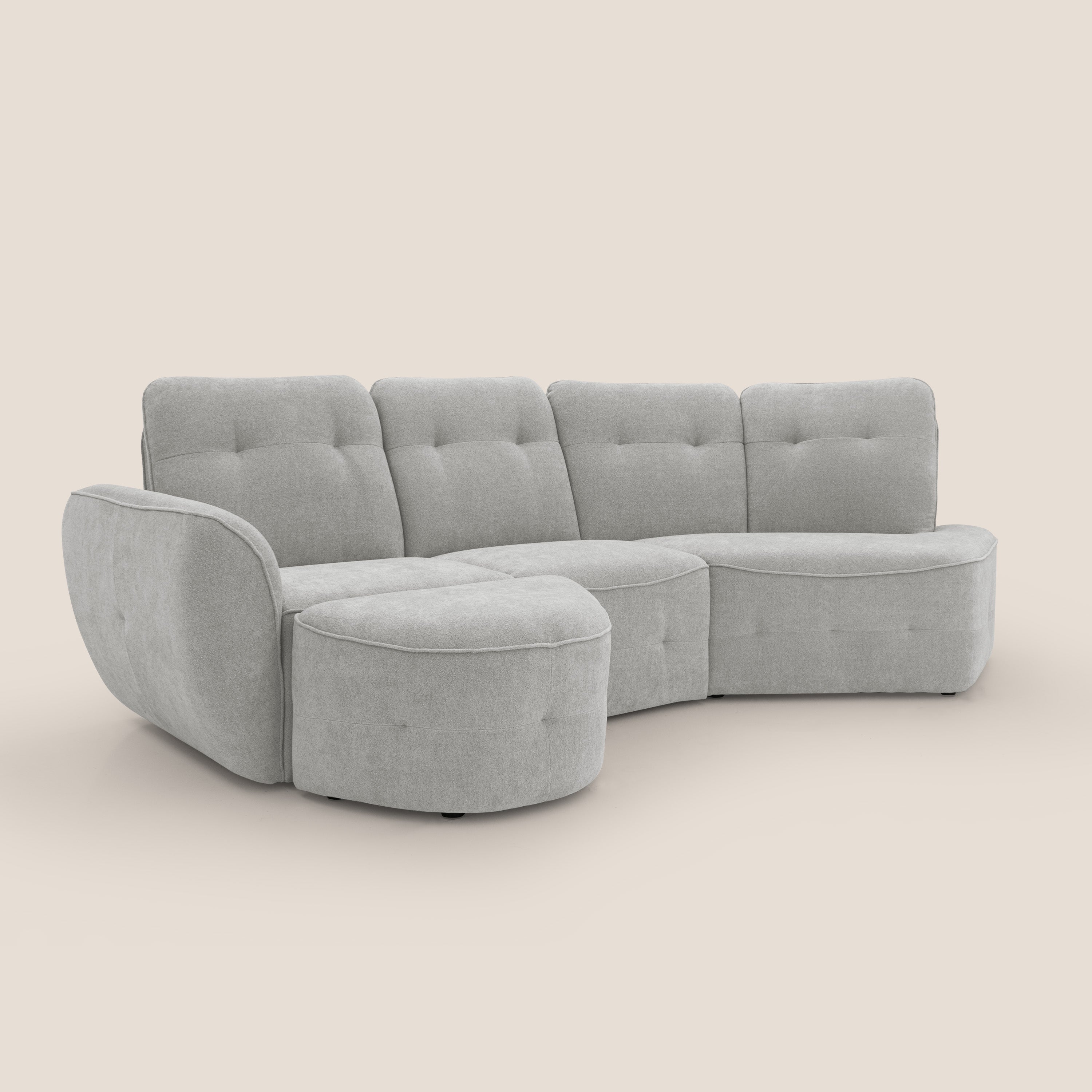 Cerbero divano angolare con pouf mobile in morbido bouclé impermeabile T07 grigio - divani.store