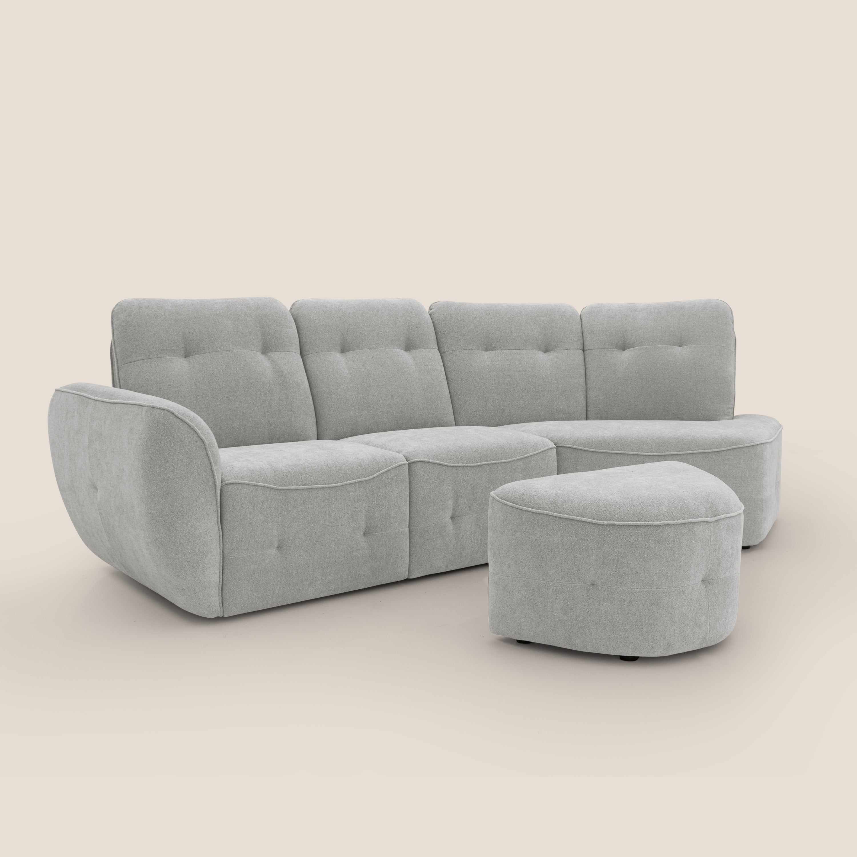 Cerbero divano angolare con pouf mobile in morbido bouclé impermeabile T07 grigio - divani.store