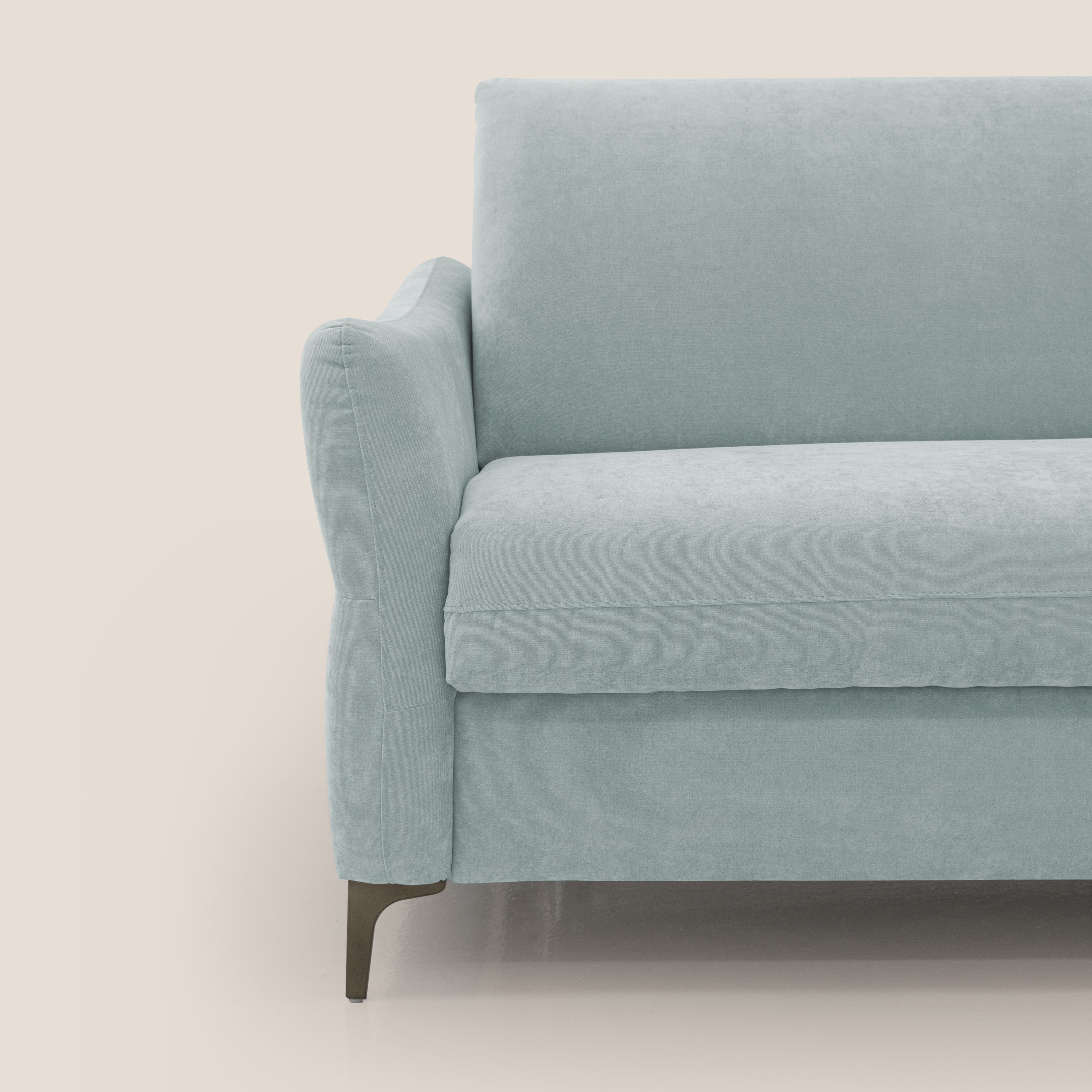 Dalia divano letto con materasso H18 cm e piedi alti in raffinato tessuto smacchiabile T17 verde acqua - divani.store