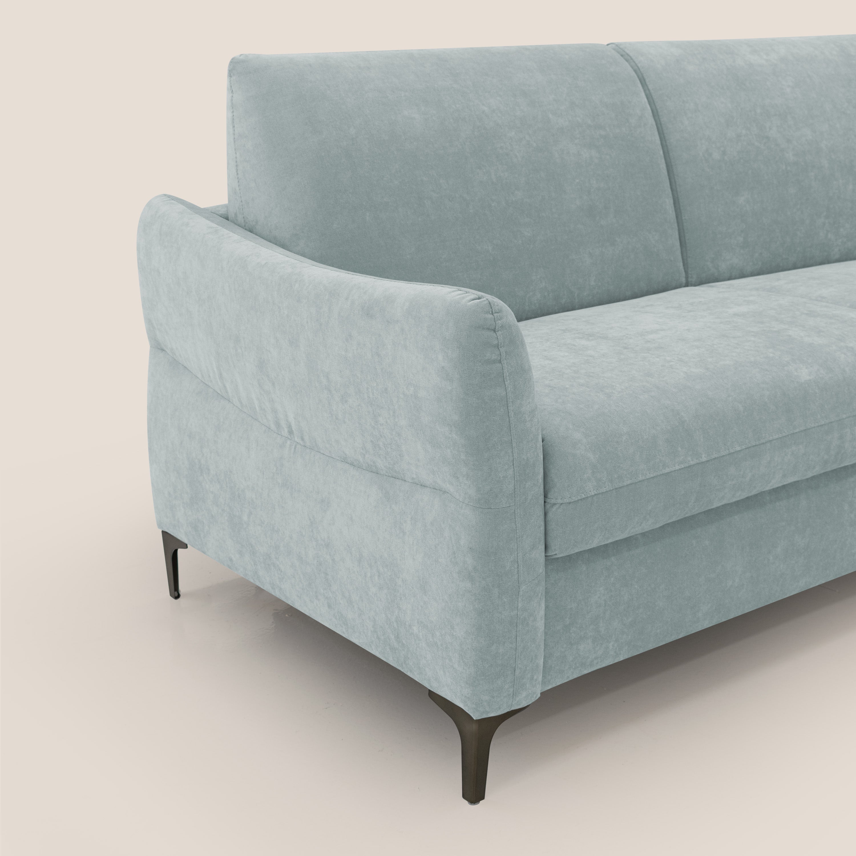 Dalia divano letto con materasso H18 cm e piedi alti in raffinato tessuto smacchiabile T17 verde acqua - divani.store