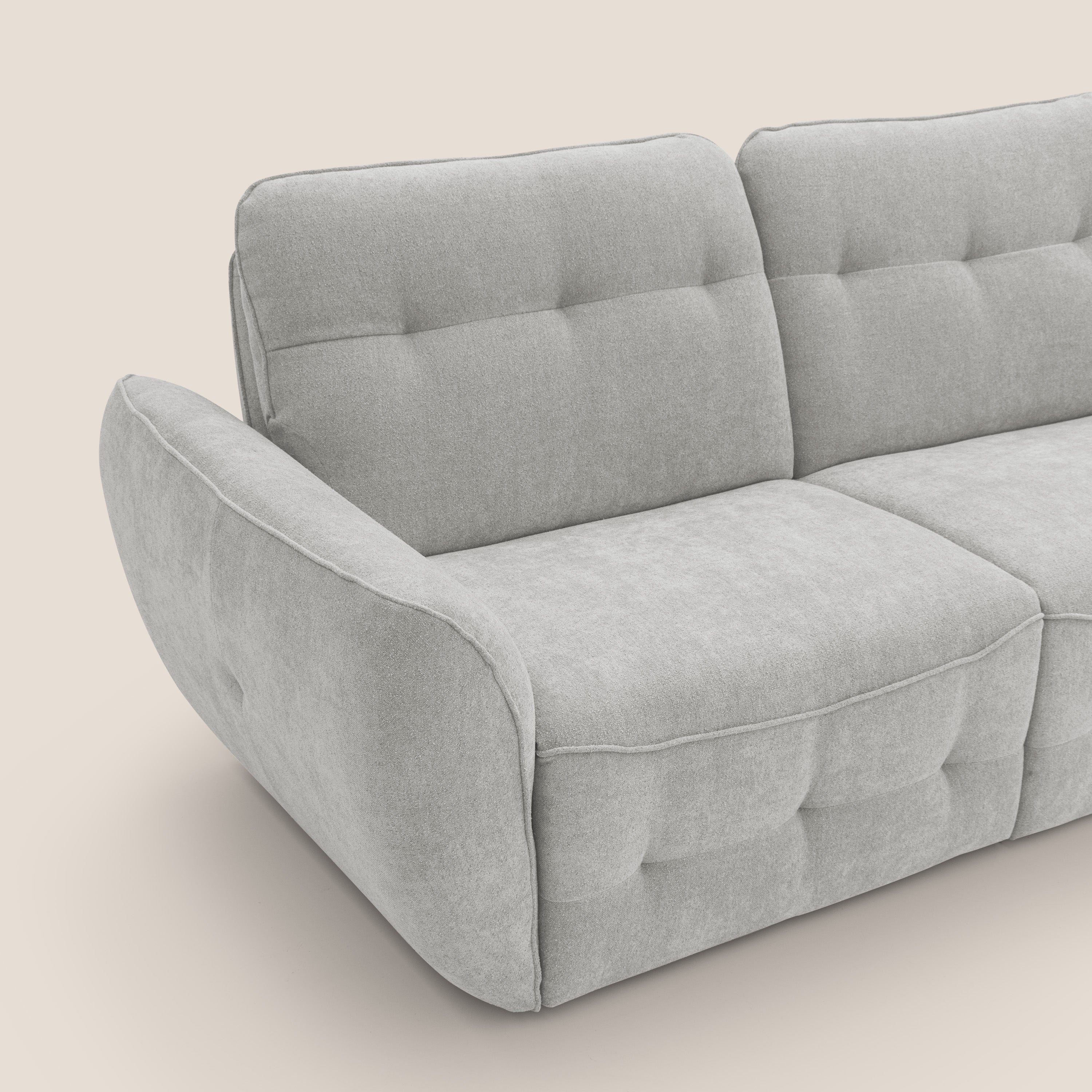 Cerbero divano angolare con pouf mobile in morbido bouclé impermeabile T07 grigio - divani.store