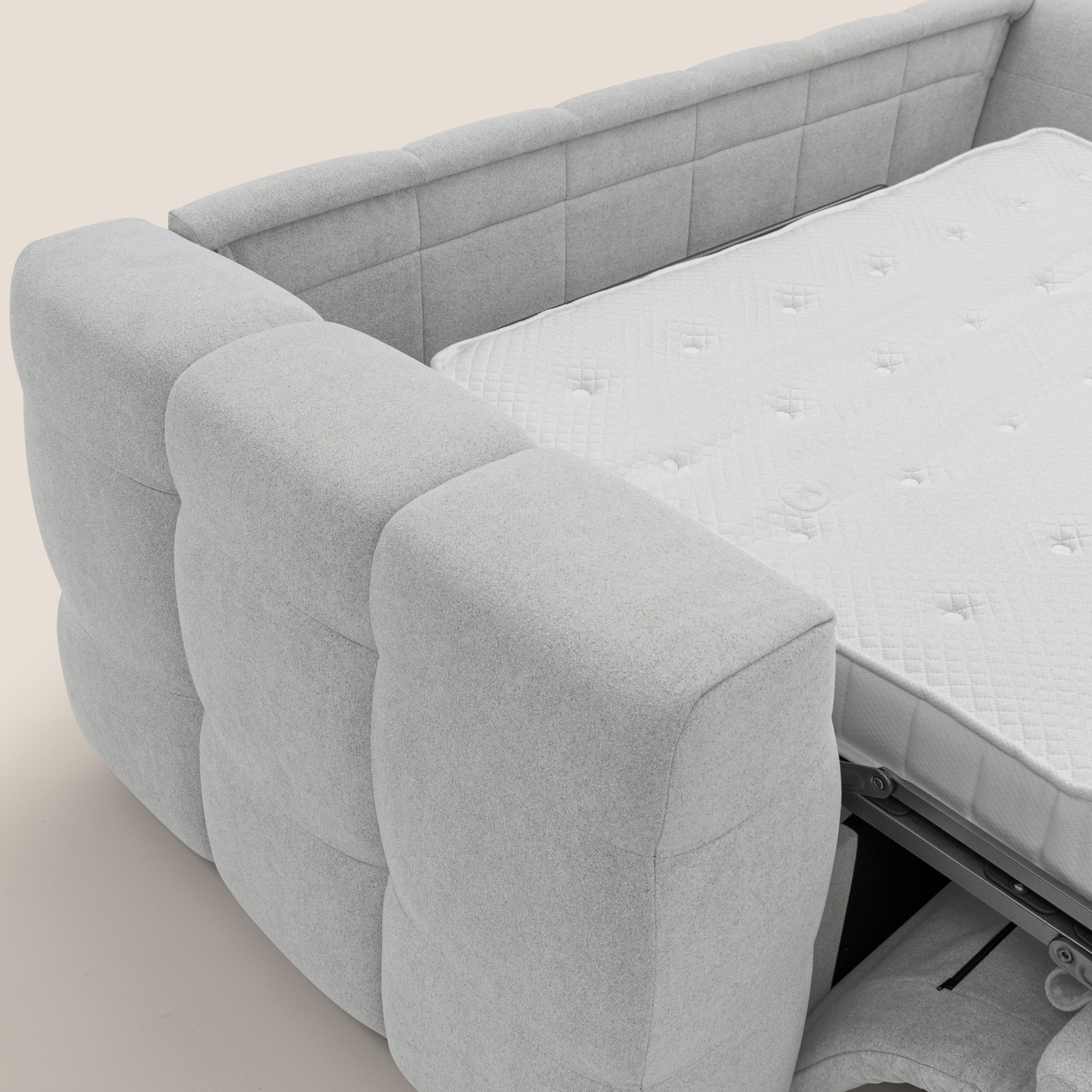 Tender Divano letto matrimoniale dal design innovativo in tessuto bouclet impermeabile T07 grigio - divani.store