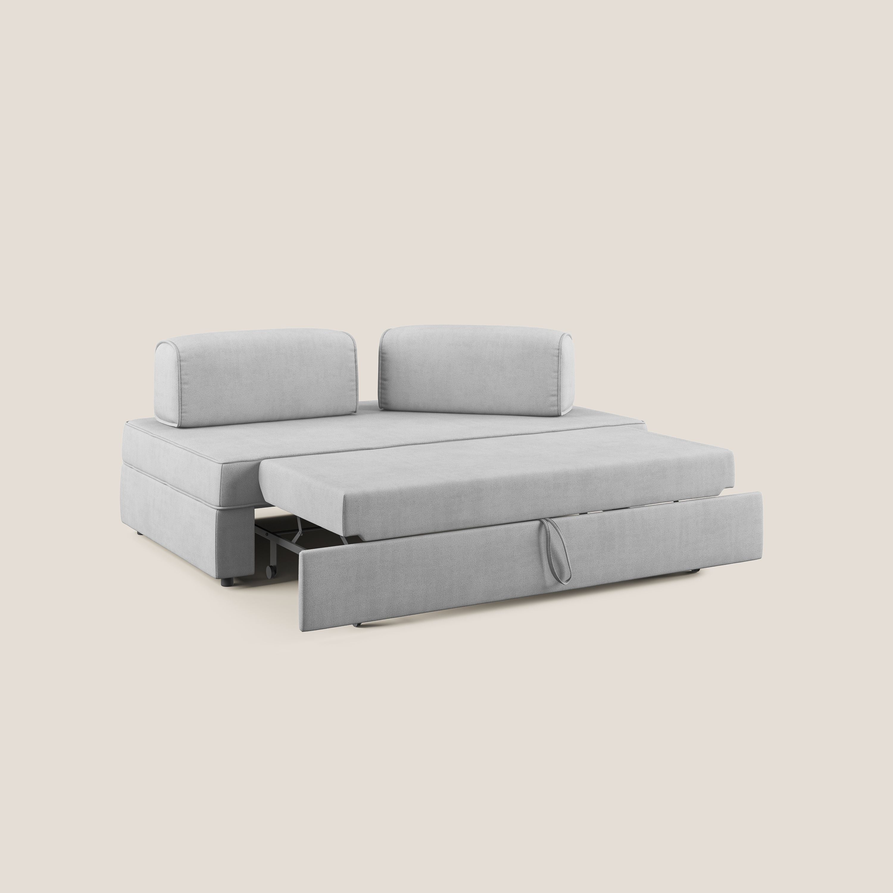 Liberty divano con pouf estraibile e schienali movibili in tessuto morbido impermeabile T02 grigio chiaro - divani.store