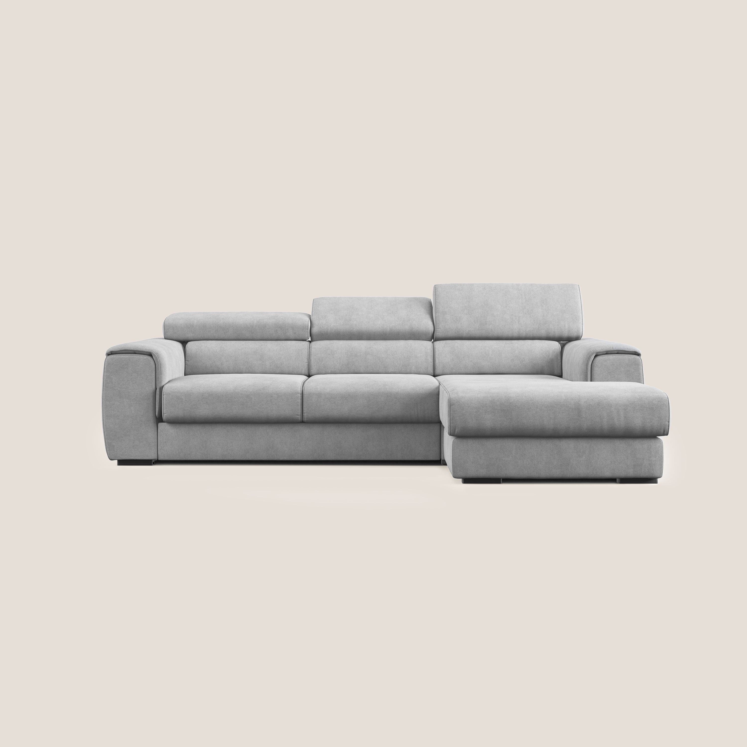 Zeno Divano angolare con pouf estraibile poggiapiedi in tessuto morbido impermeabile T02 grigio chiaro - divani.store