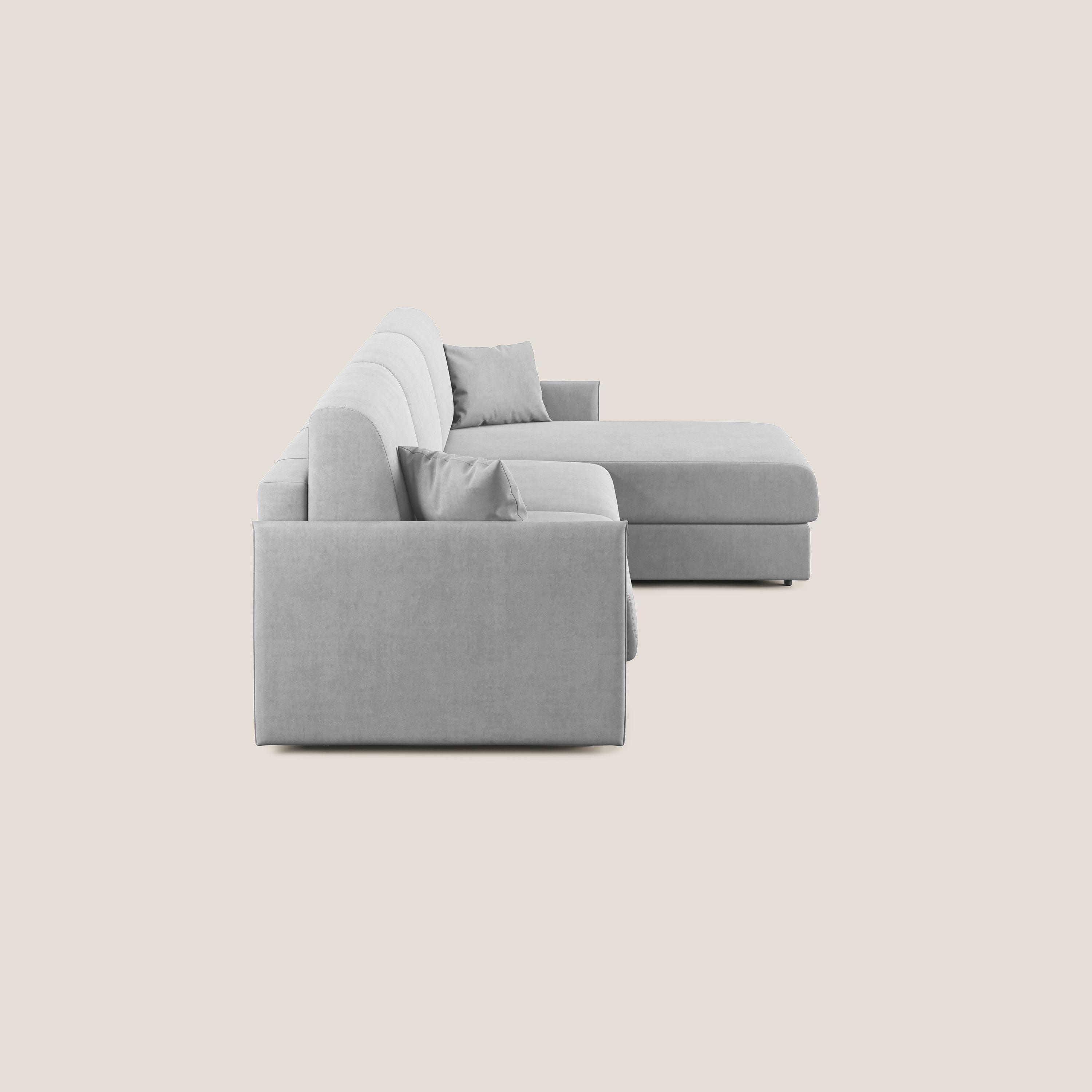 Evans Divano letto angolare con penisola in morbido tessuto impermeabile T02 grigio chiaro - divani.store