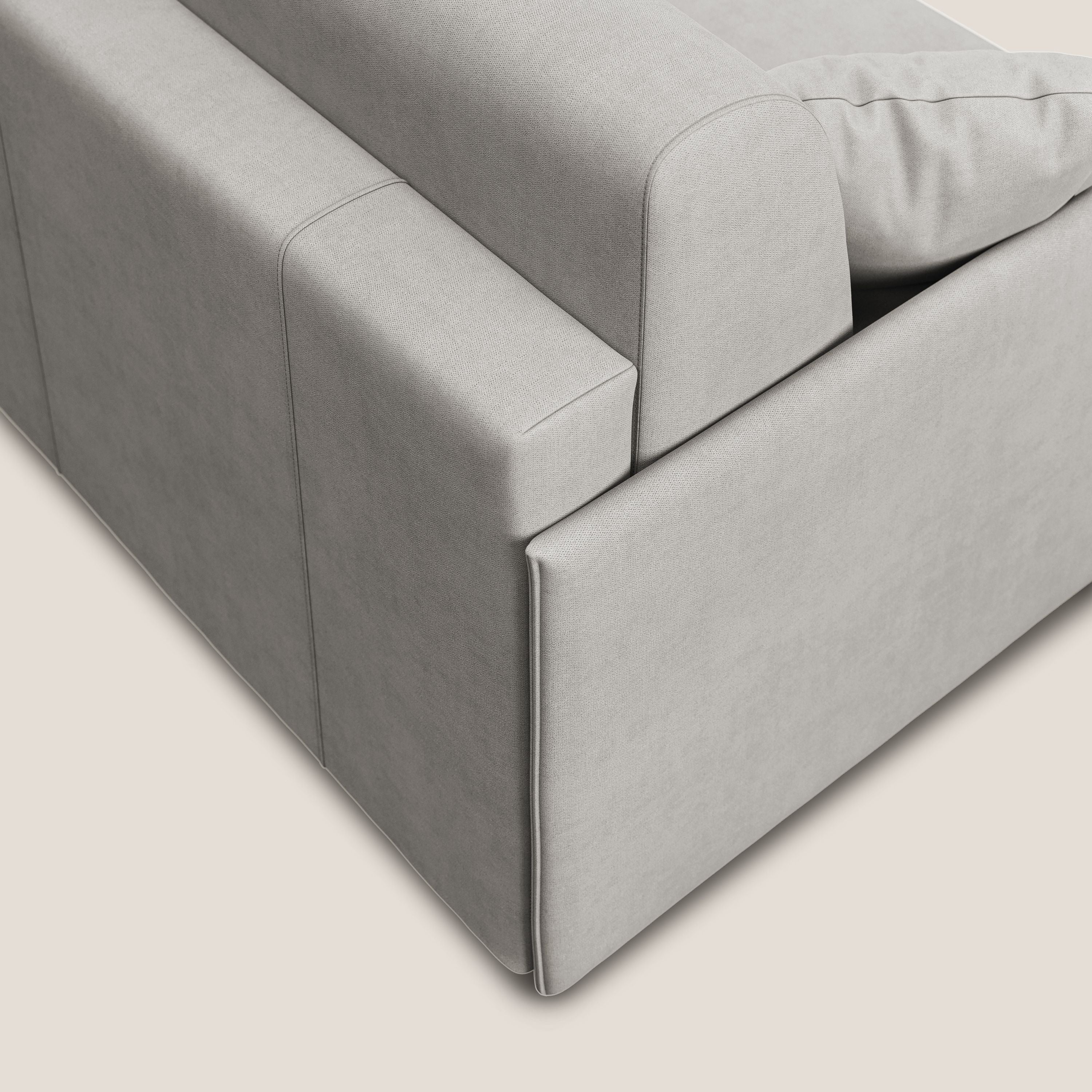 Evans Divano letto angolare con penisola in morbido tessuto impermeabile T02 grigio chiaro - divani.store