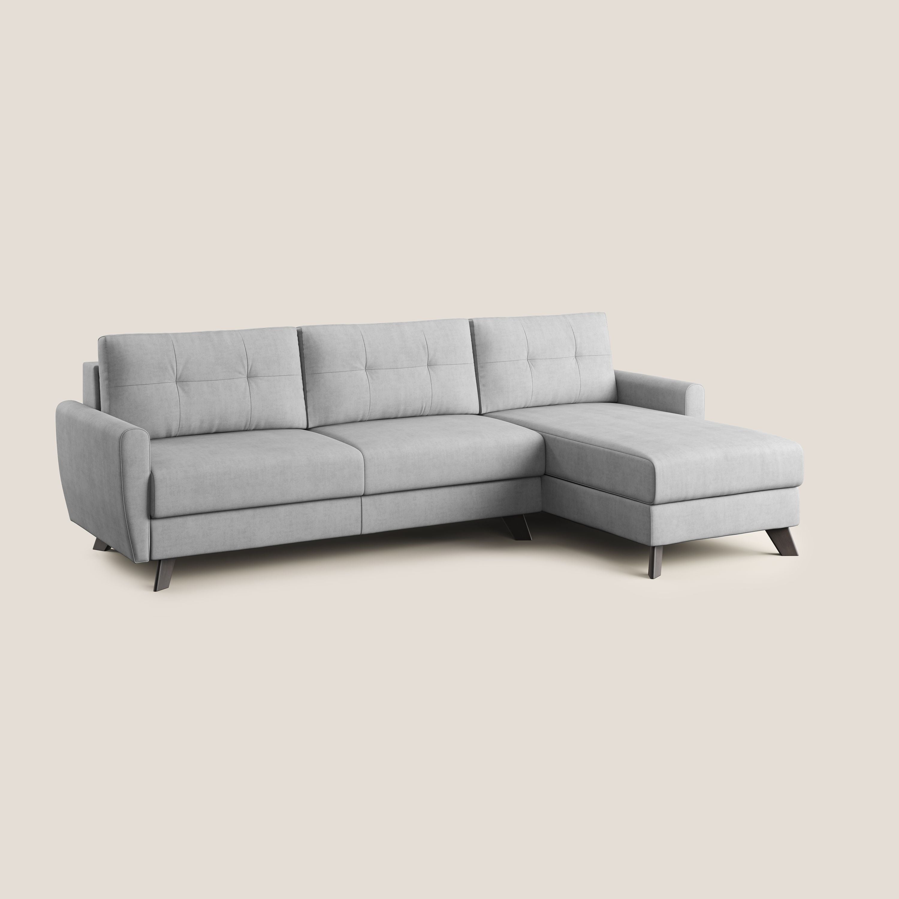 Callisto Divano letto angolare con penisola in tessuto morbido impermeabile T02 grigio chiaro - divani.store