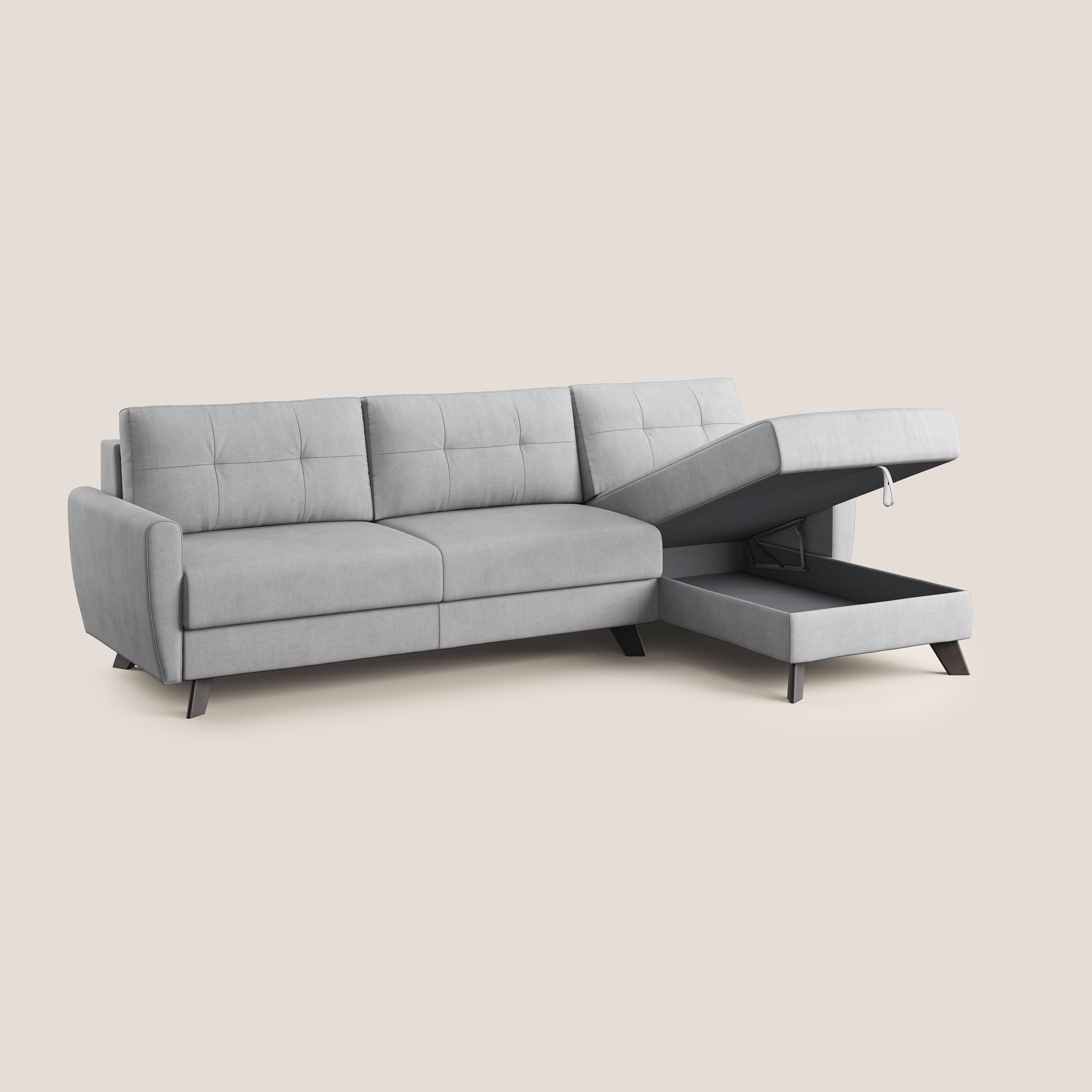 Callisto Divano letto angolare con penisola in tessuto morbido impermeabile T02 grigio chiaro - divani.store