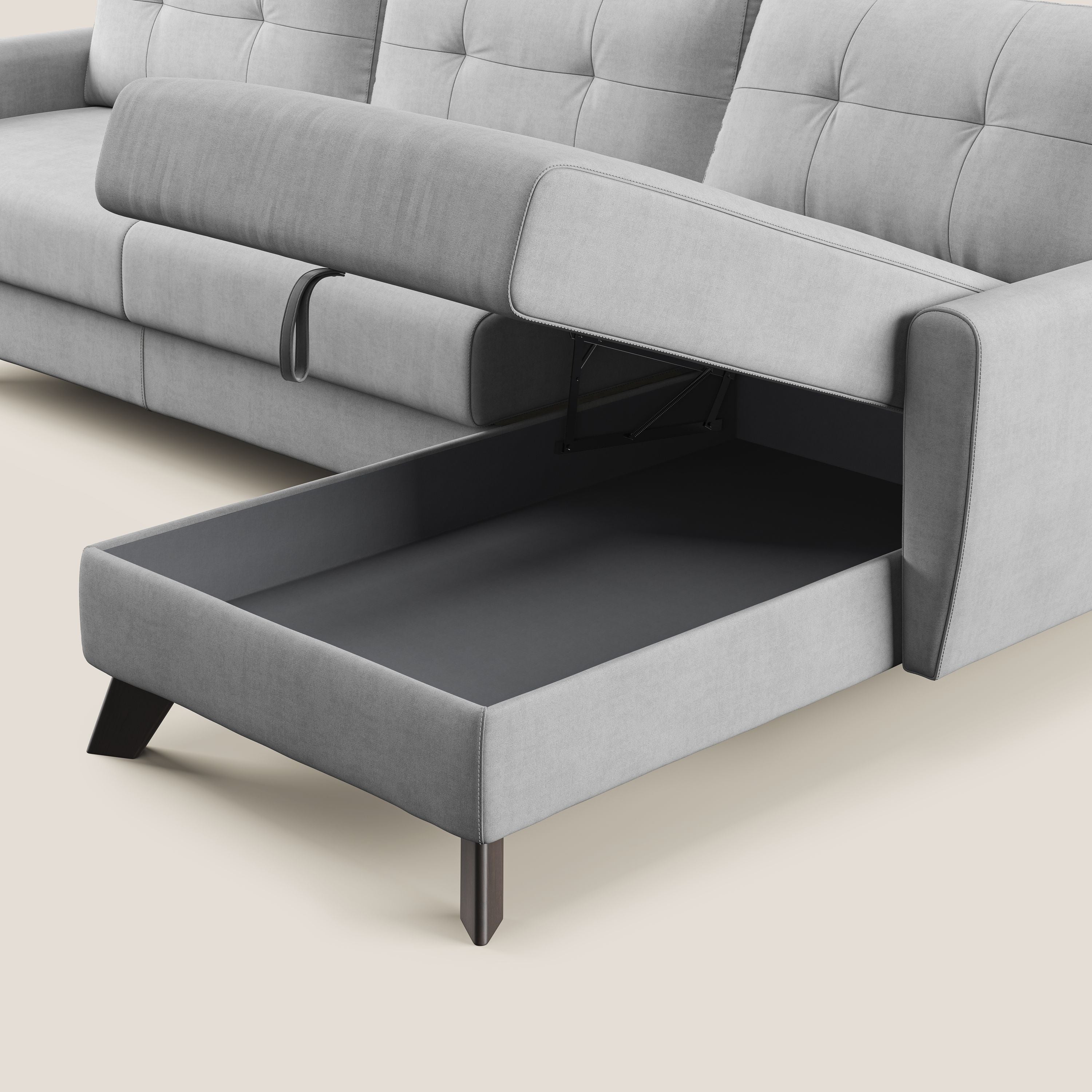 Callisto Divano letto angolare con penisola in tessuto morbido impermeabile T02 grigio chiaro - divani.store