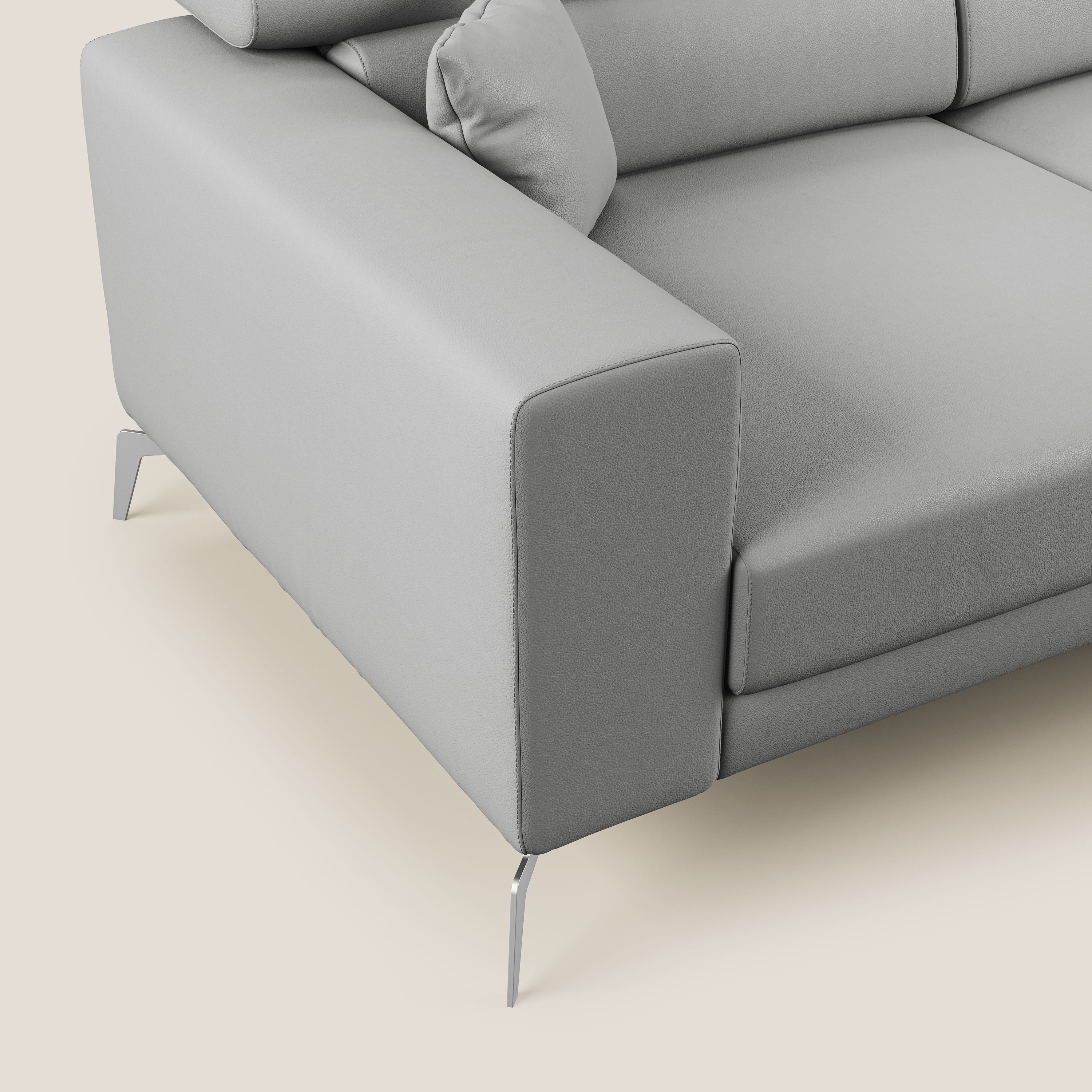 Blade Divano moderno angolare con poggiatesta reclinabili in Ecopelle T04 grigio chiaro - divani.store