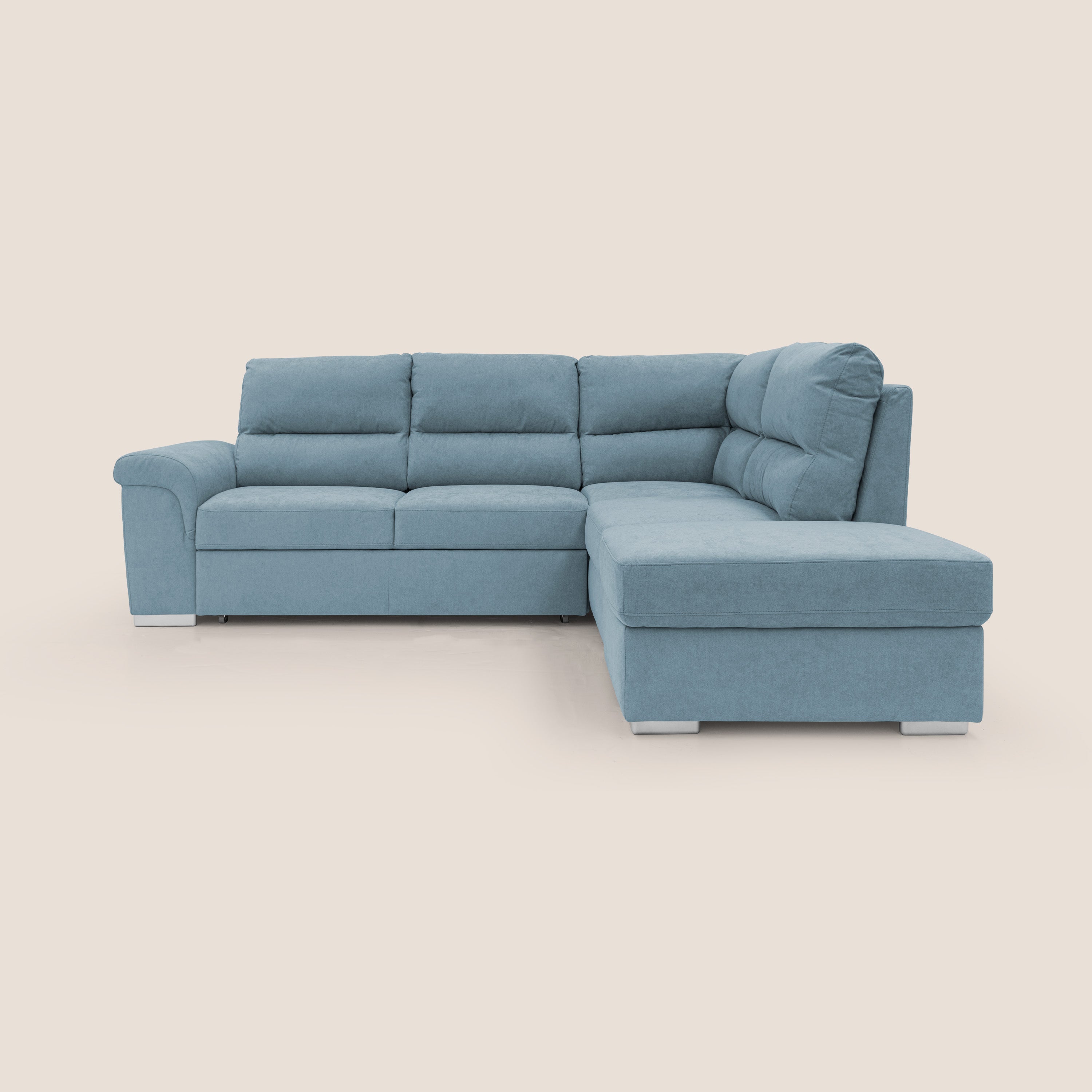 Minerva divano angolare con estraibile a cassettone e pouf contenitore in tessuto morbido impermeabile T02 carta da zucchero - divani.store