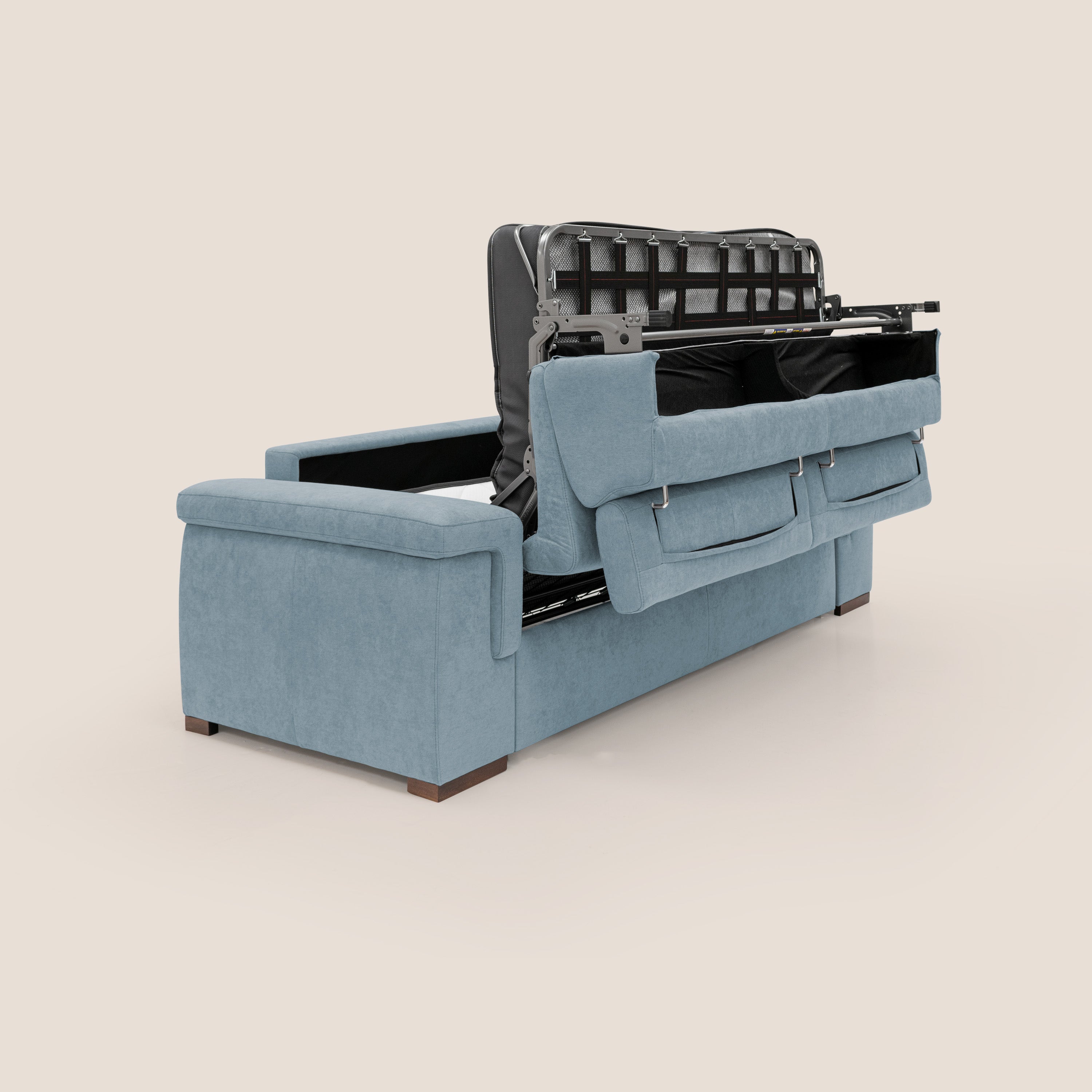 Giunone divano letto con materasso alto 18 cm e poggiatesta reclinabili in tessuto impermeabile T02 carta da zucchero - divani.store